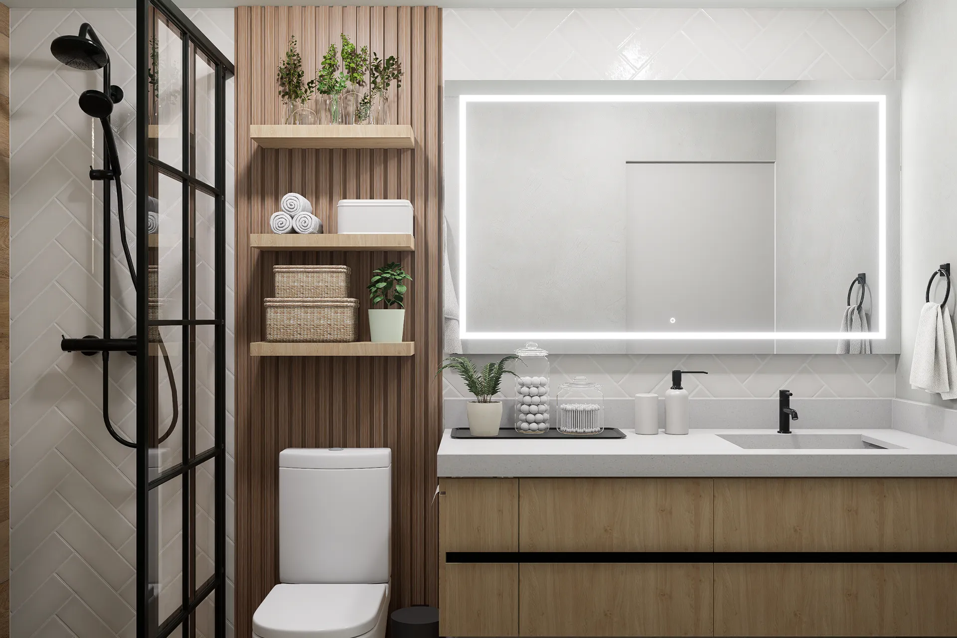 Baño con vanitorio de madera, espejo retroiluminado y ducha con mampara reticulada negra, diseño de Certia Estudio