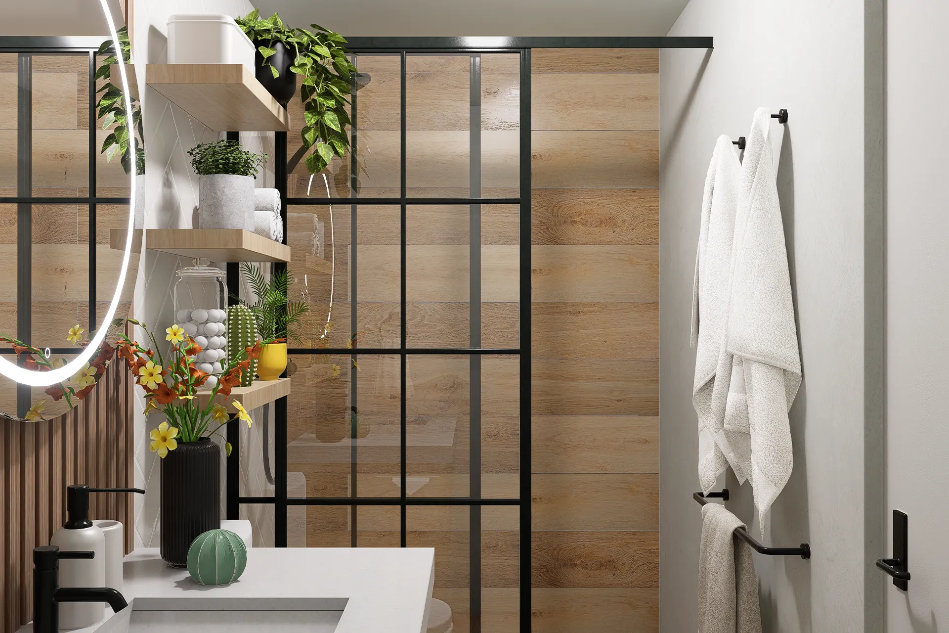 Ducha con mampara reticulada negra estilo francés y repisas de madera, Baños Los Manantiales