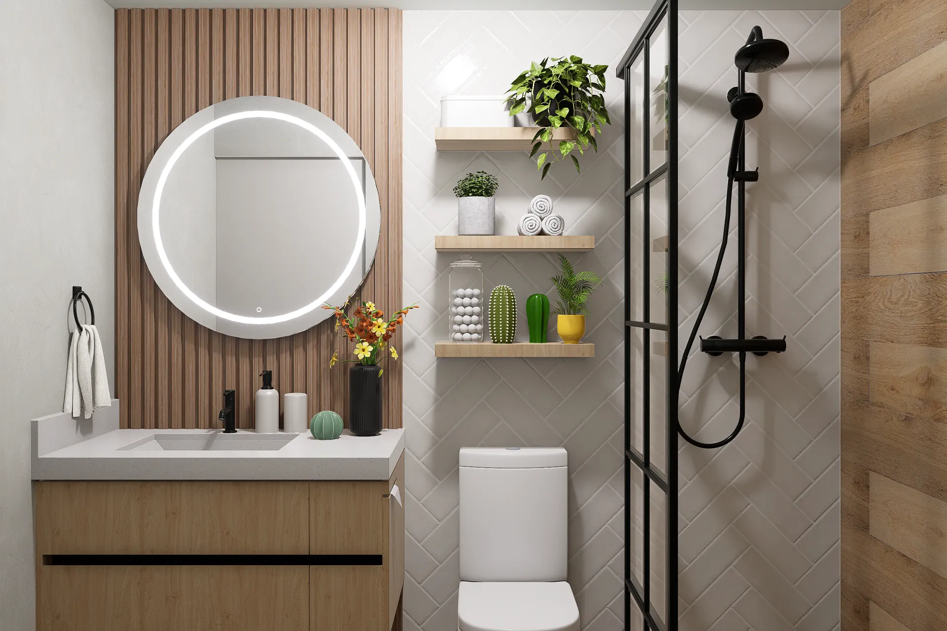 Vanitorio de madera con espejo circular retroiluminado y panel de palillaje, Baños Los Manantiales