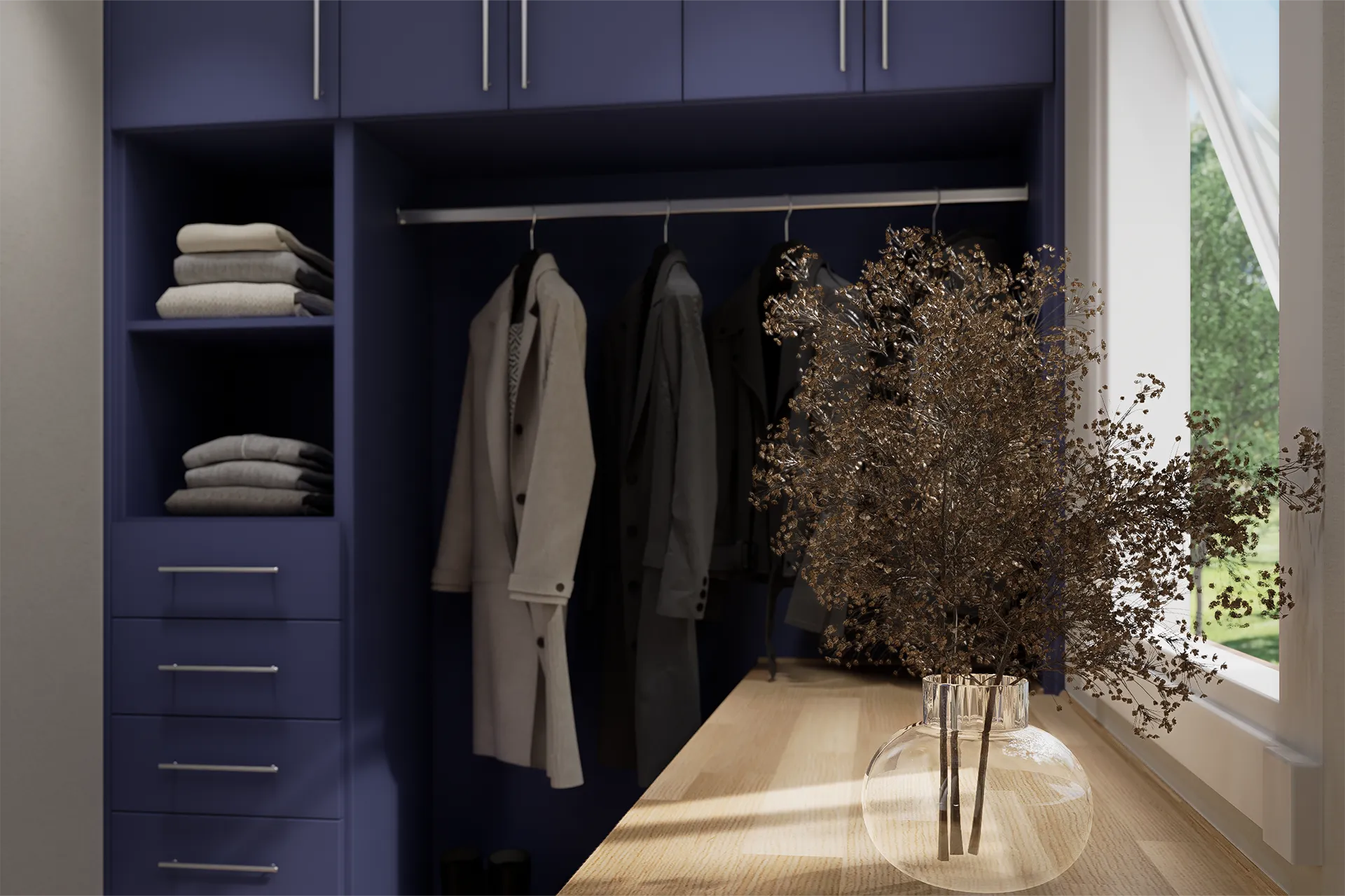 Módulo de cajonera y barra de colgado en vestidor azul marino, Closet Aguas Claras