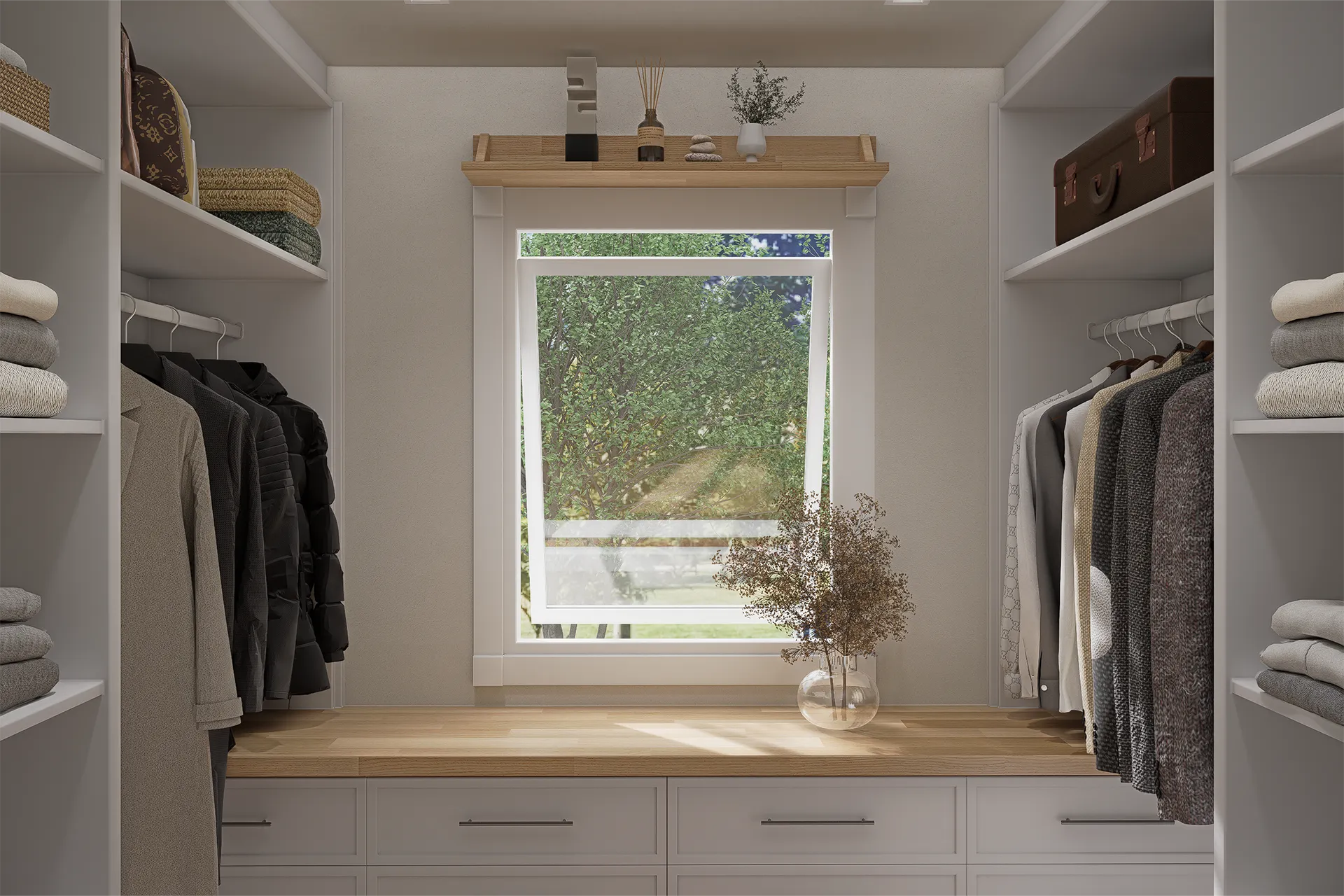 Walk in closet blanco con banca de madera bajo la ventana, Closet Aguas Claras