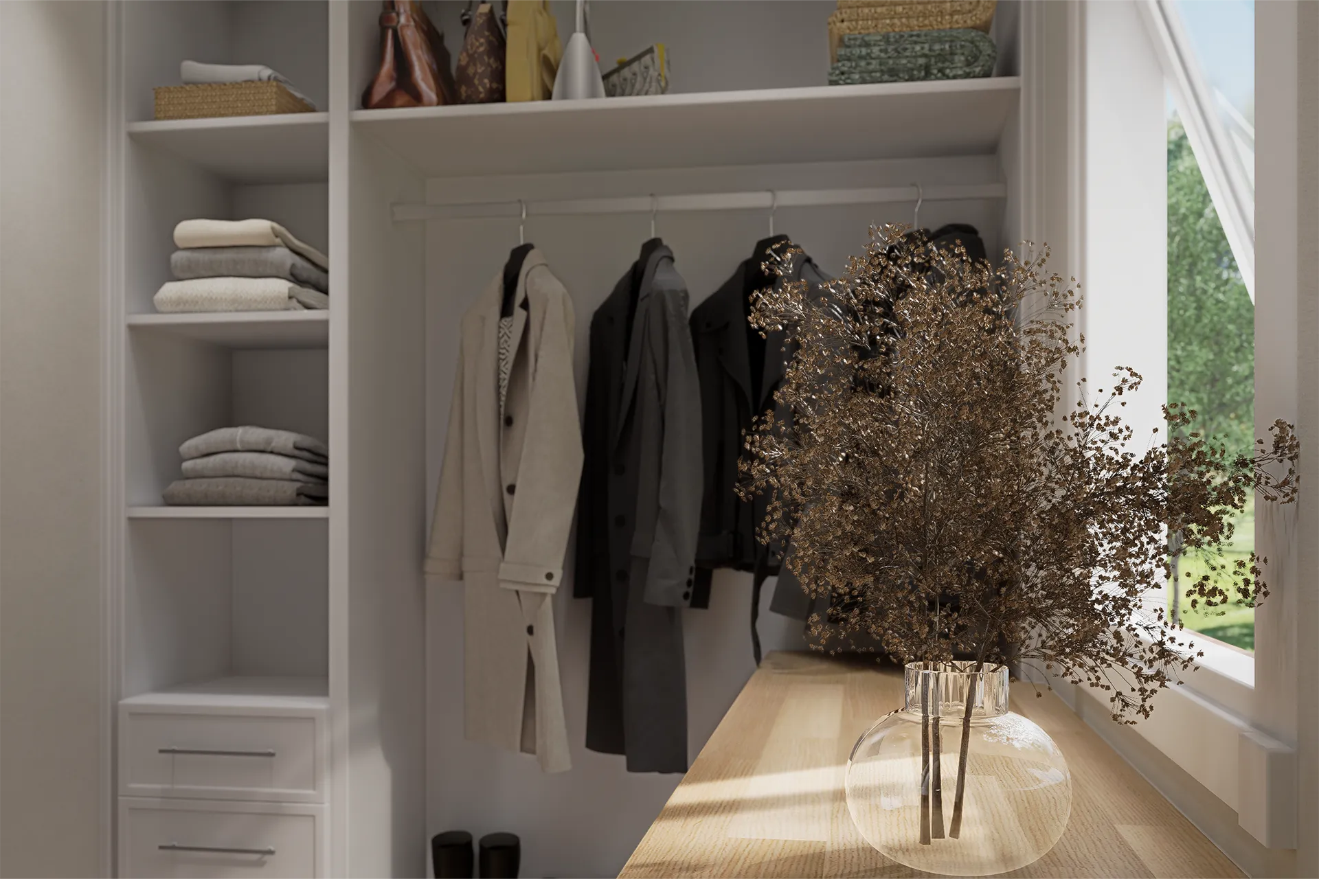 Vestidor blanco con doble barra de colgado y repisas superiores, Closet Aguas Claras