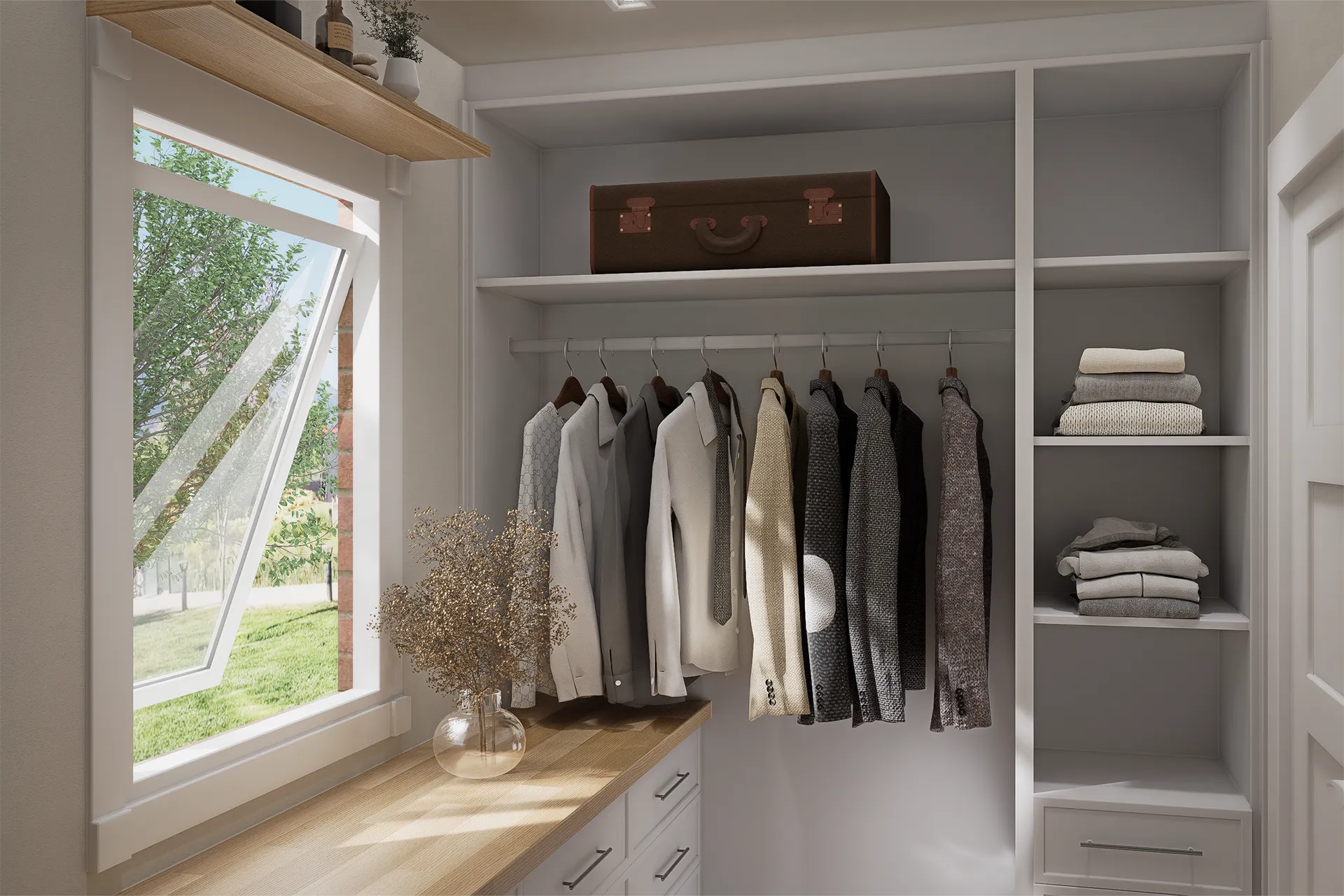 Vestidor blanco con repisas abiertas y encimera de madera, Closet Aguas Claras