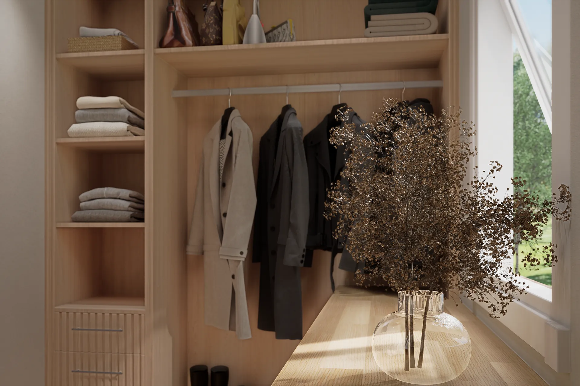 Vestidor en madera clara con cajonera y barra de colgado, Closet Aguas Claras