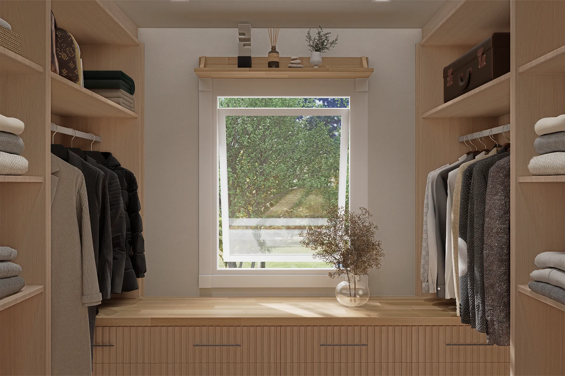 Walk in closet en madera clara con repisas y encimera continua, Closet Aguas Claras