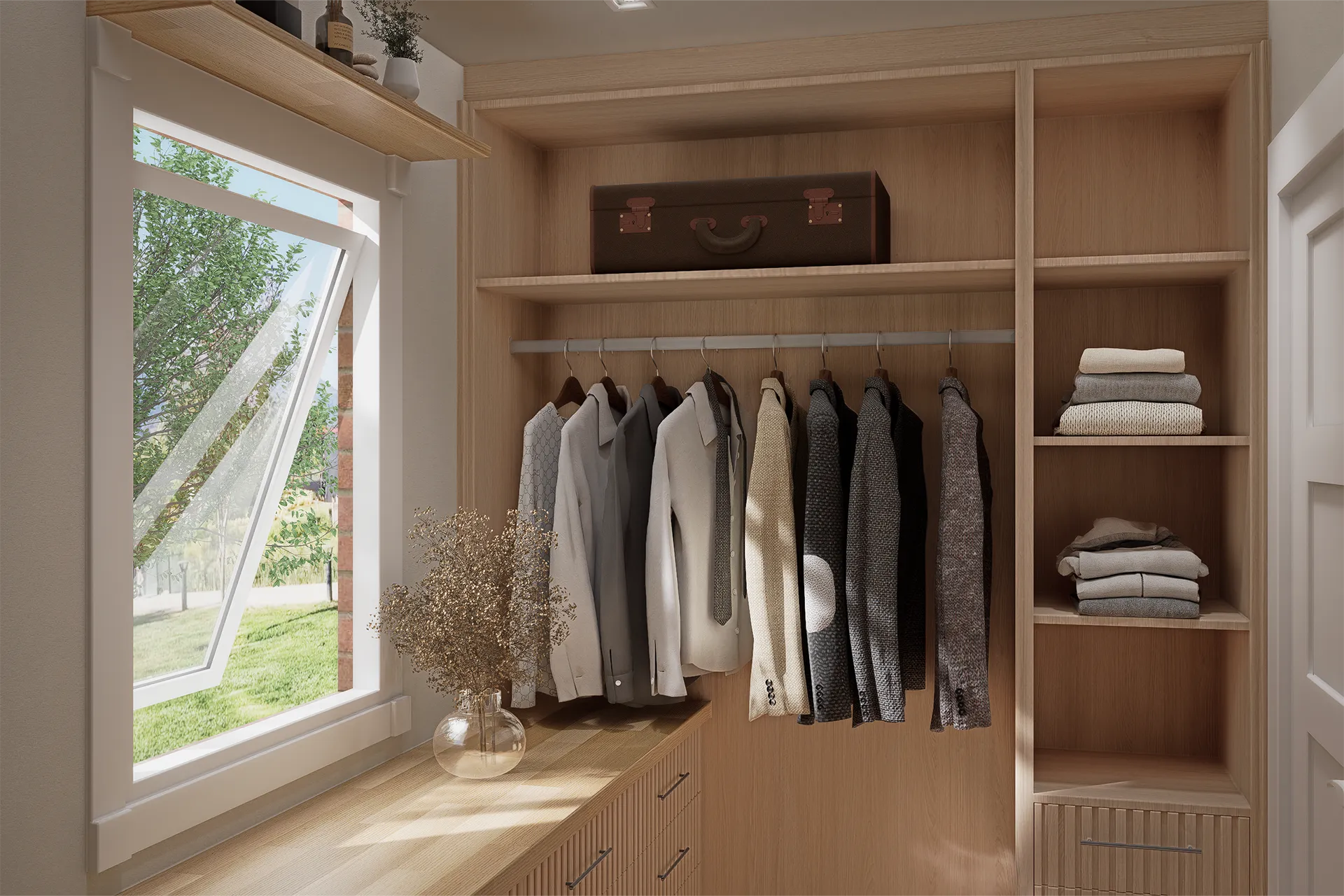 Vestidor en madera clara con ventana y repisas a medida, Closet Aguas Claras
