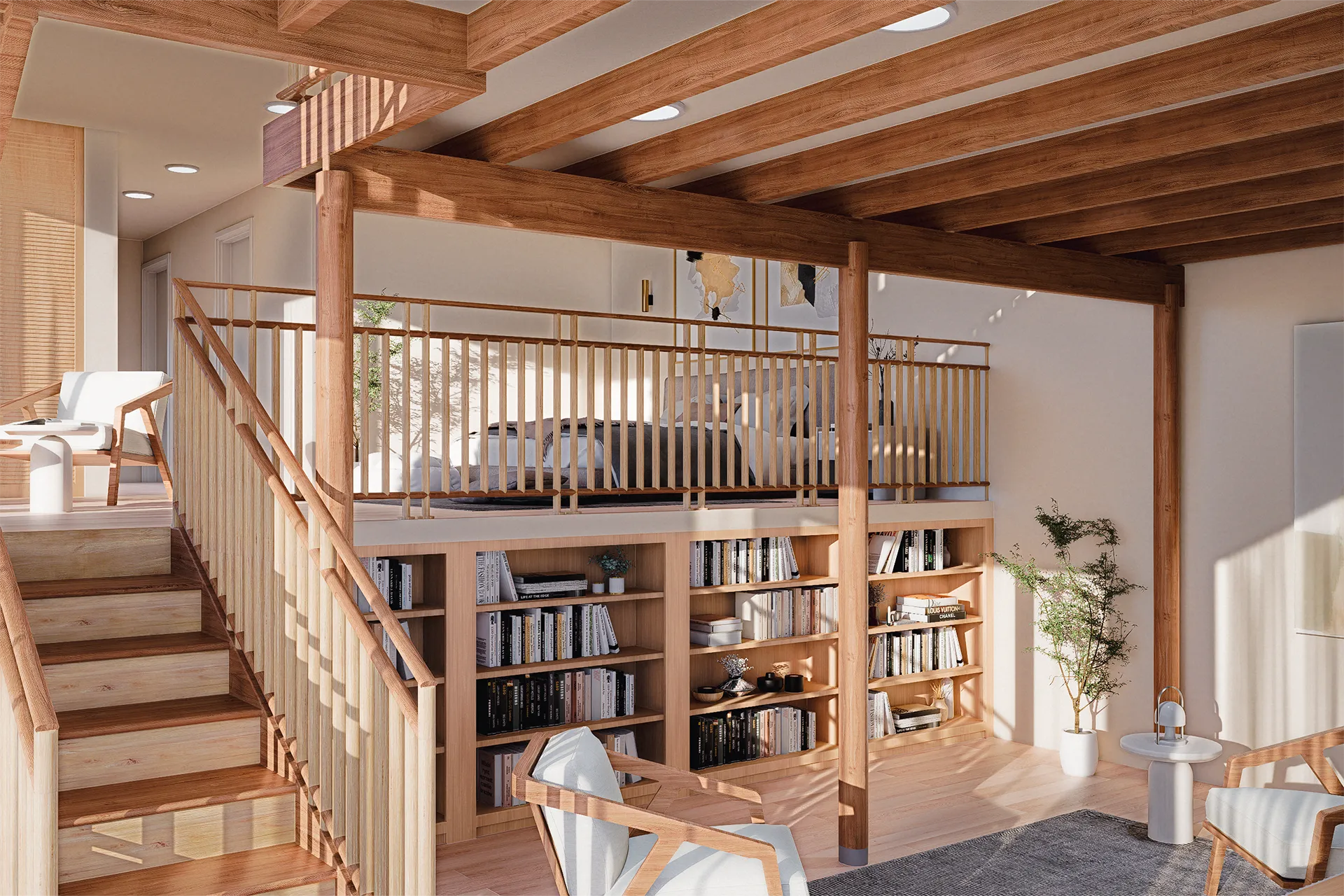 Entrepiso con biblioteca empotrada y vigas de madera a la vista, Casa Cerro Franciscano