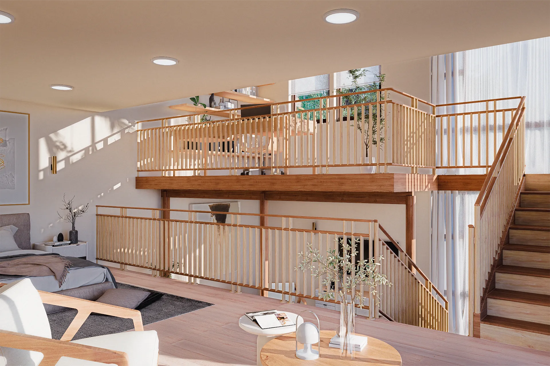 Living de doble altura con escalera y baranda de listones de madera, Casa Cerro Franciscano