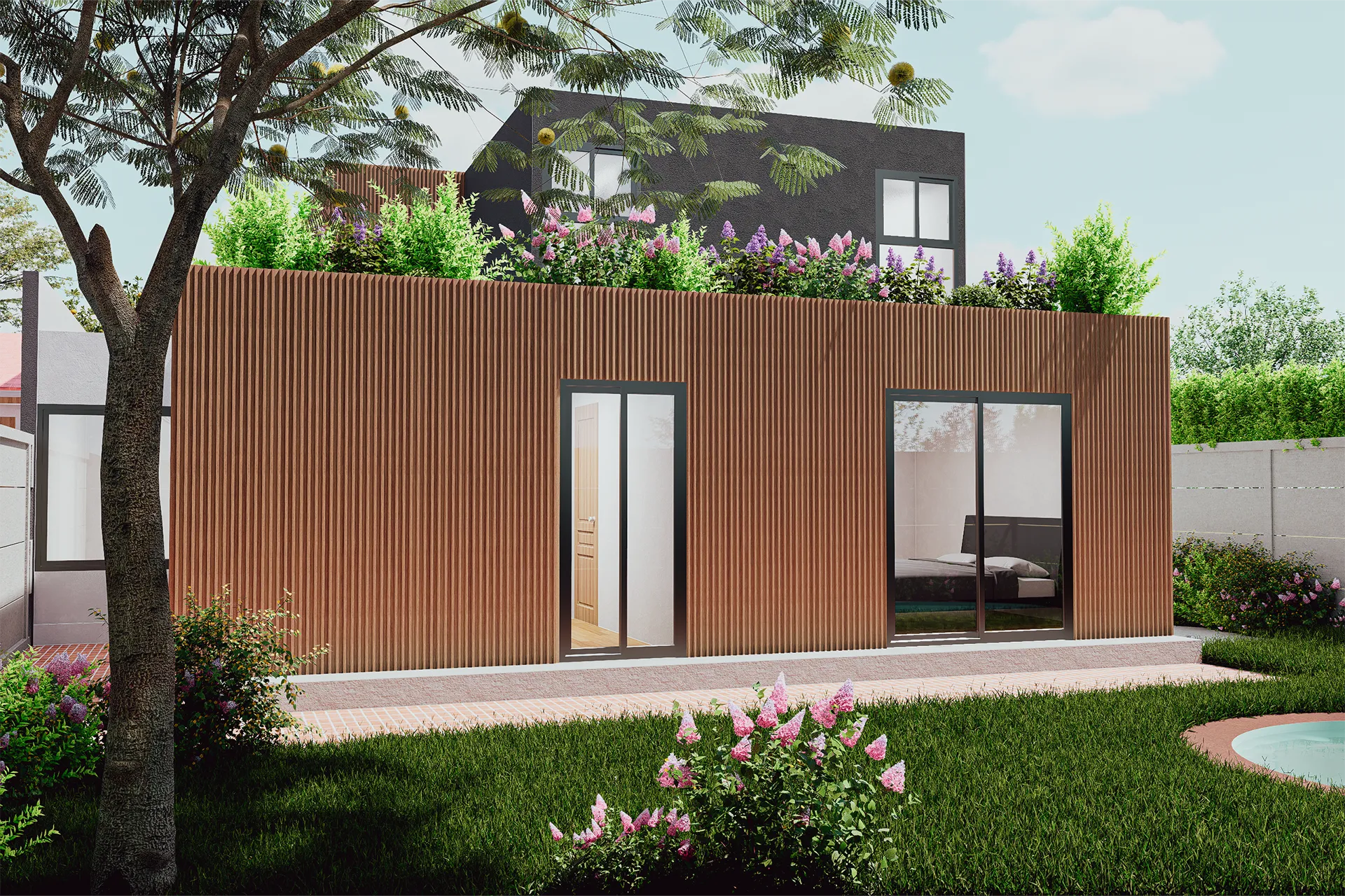 Volumen bajo revestido en listones de madera con azotea verde, Casa El Alamein