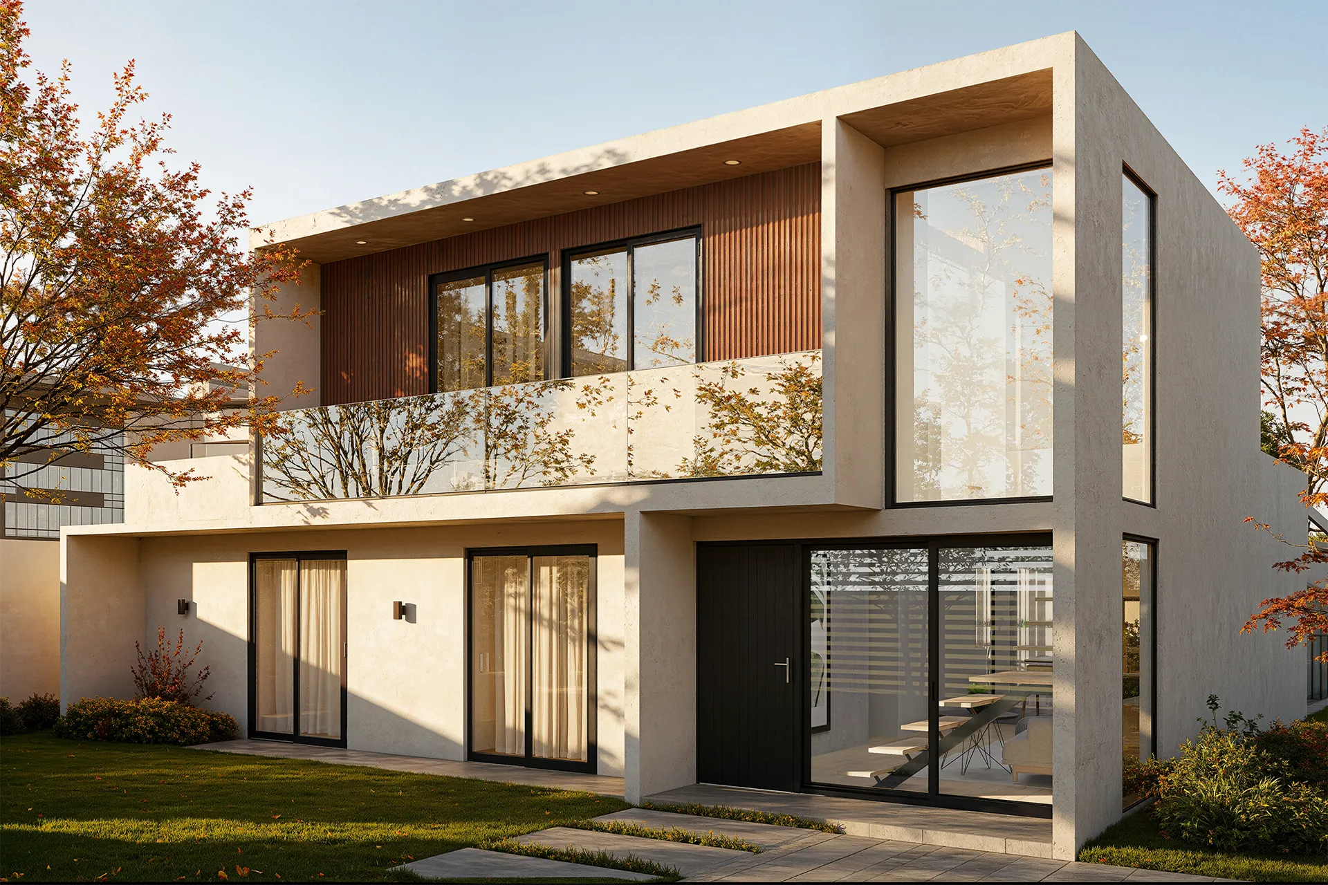 Fachada de dos pisos con volumen blanco y revestimiento de madera, Casa García de Torres