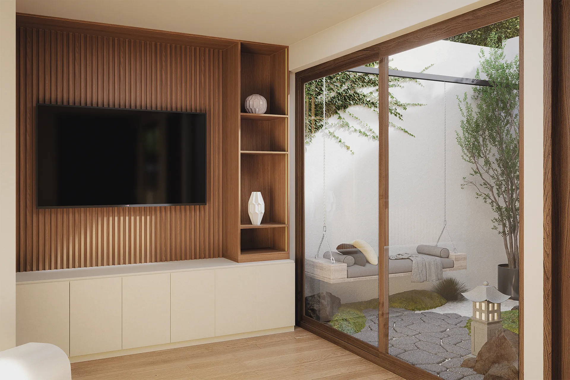 Mueble de TV con panel de listones de madera junto al patio interior, Casa James Joyce