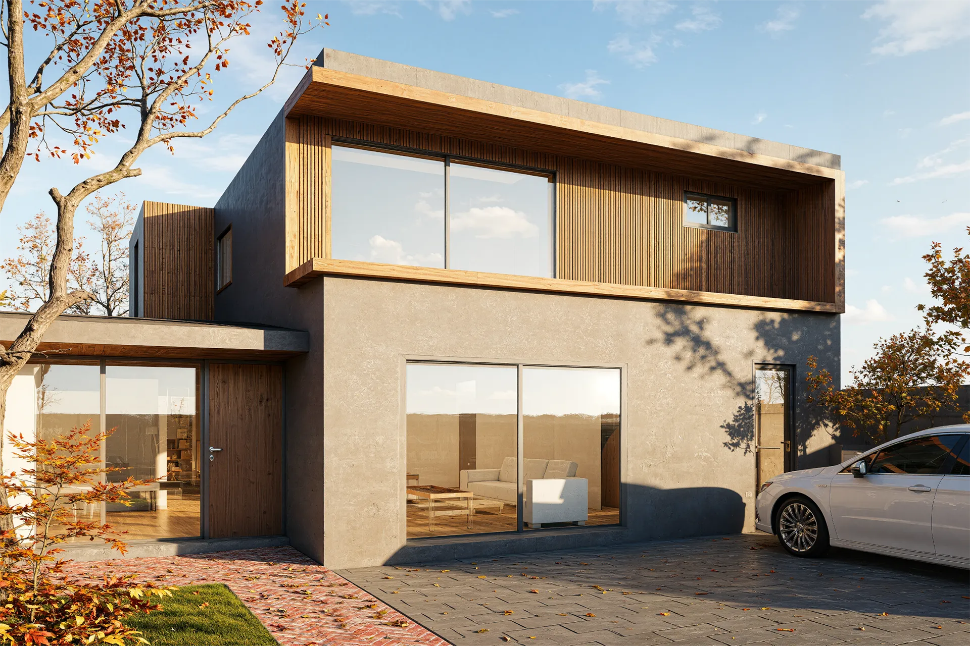 Fachada frontal con acceso vehicular y ventanales, Casa Las Hualtatas