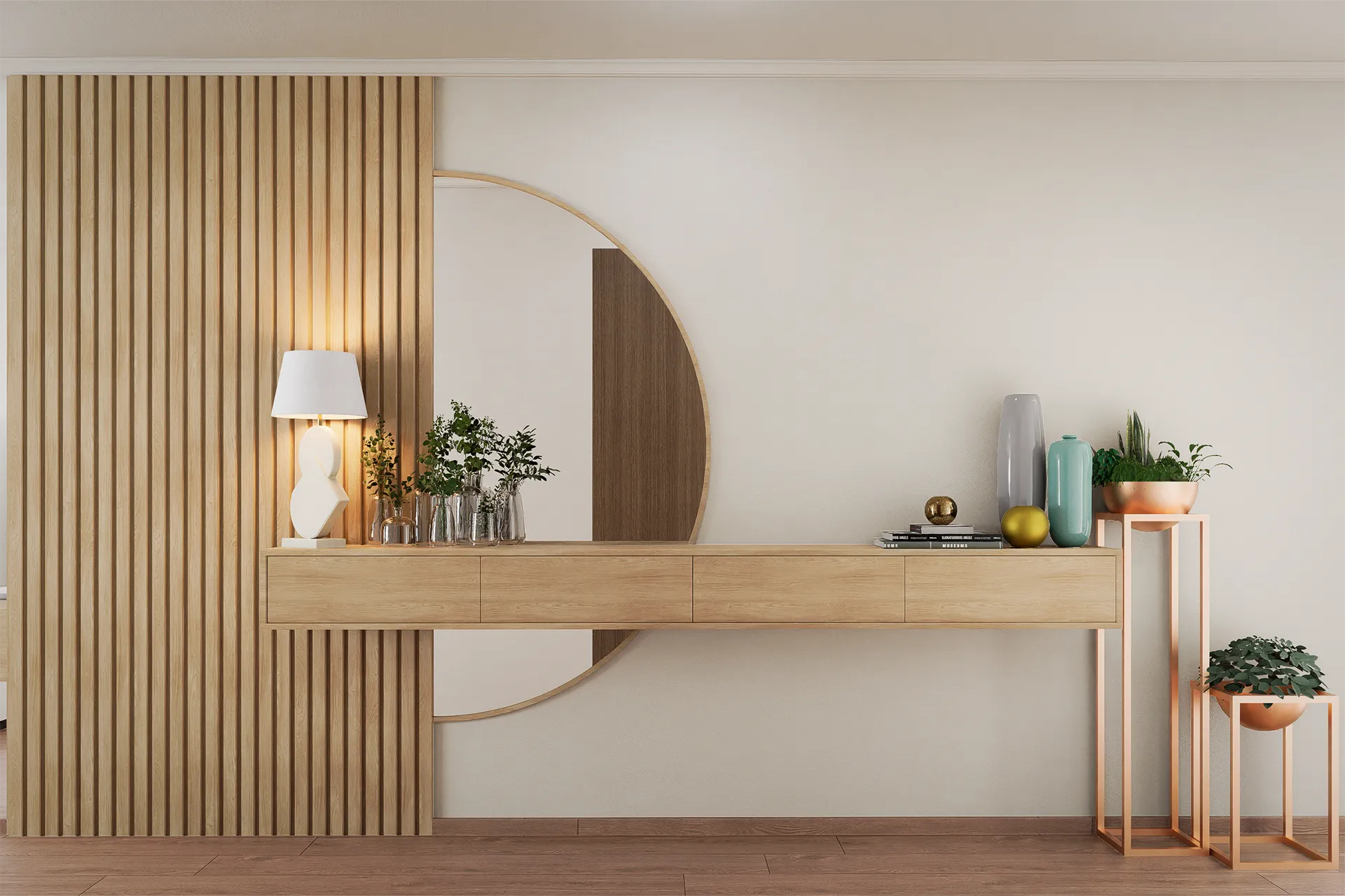 Recibidor con panel de listones, espejo en arco y consola de madera, Casa Los Alpes