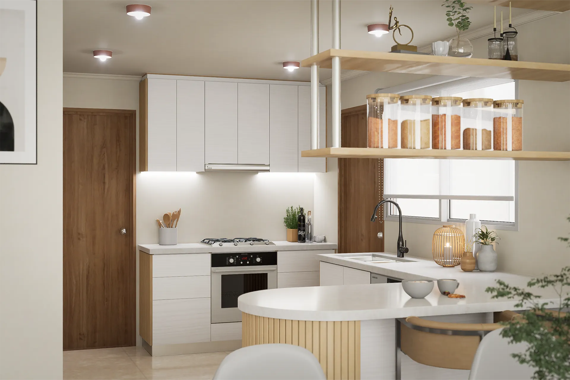 Cocina blanca con barra curva y repisas de madera, Casa Los Alpes