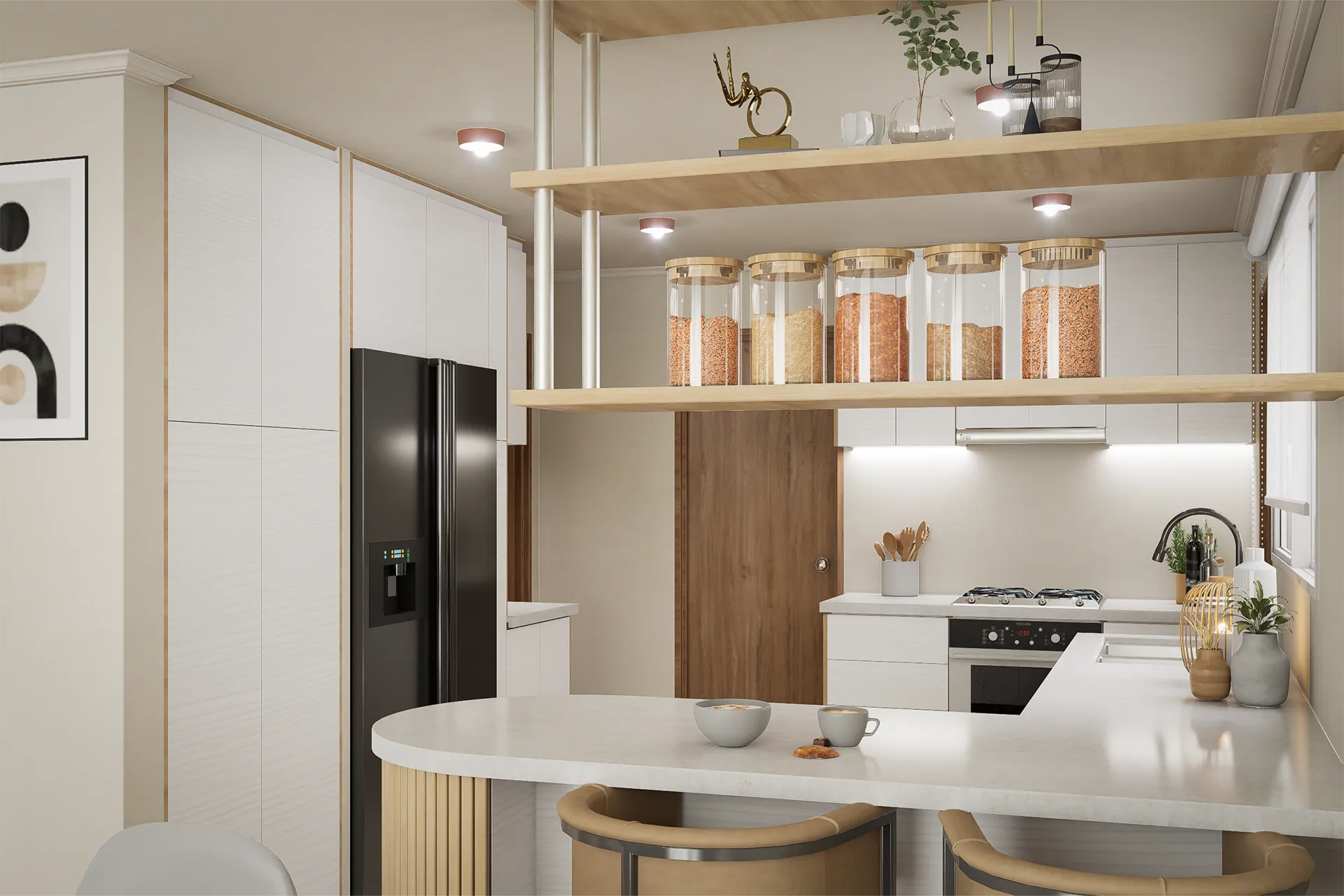 Cocina con repisas abiertas de madera y refrigerador negro, Casa Los Alpes