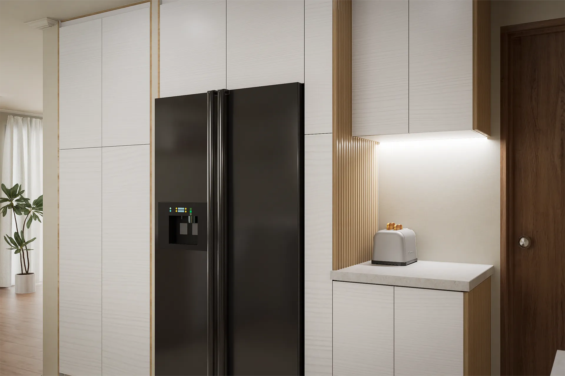Despensa con muebles blancos a medida y refrigerador empotrado, Casa Los Alpes