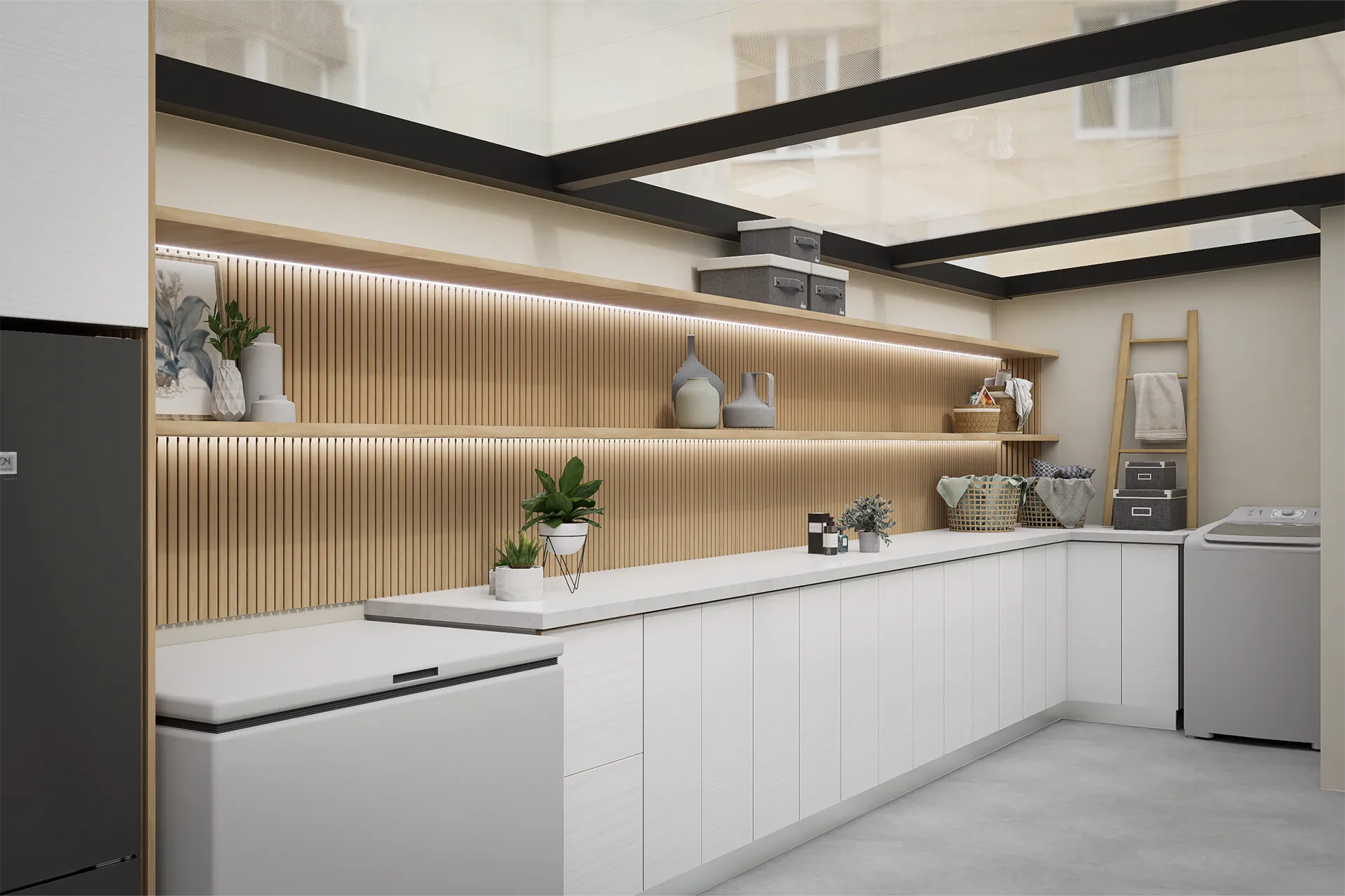 Logia con muebles blancos y muro de listones de madera, Casa Los Alpes