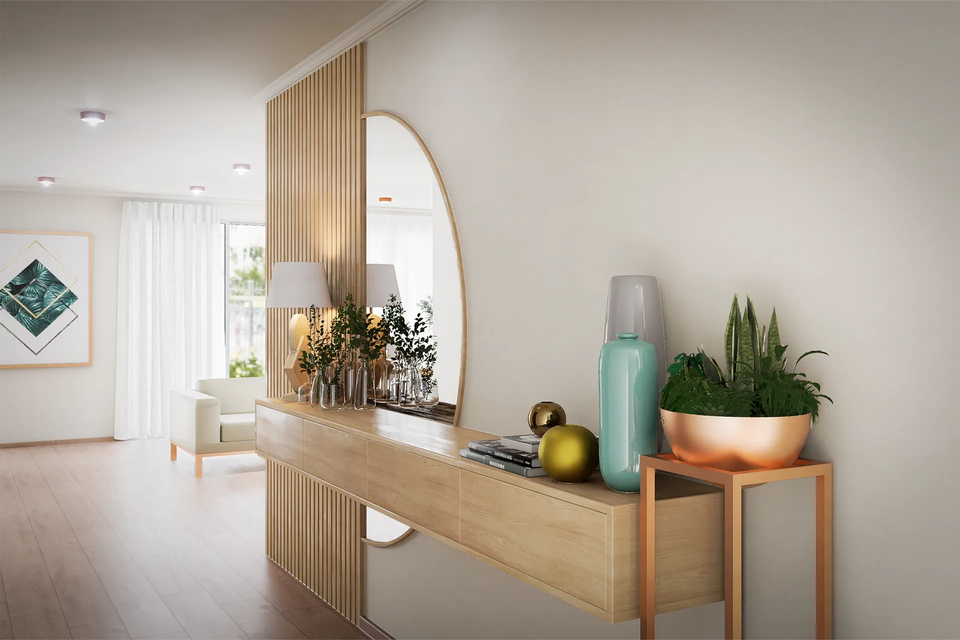 Recibidor con consola de madera y vista hacia el living, Casa Los Alpes
