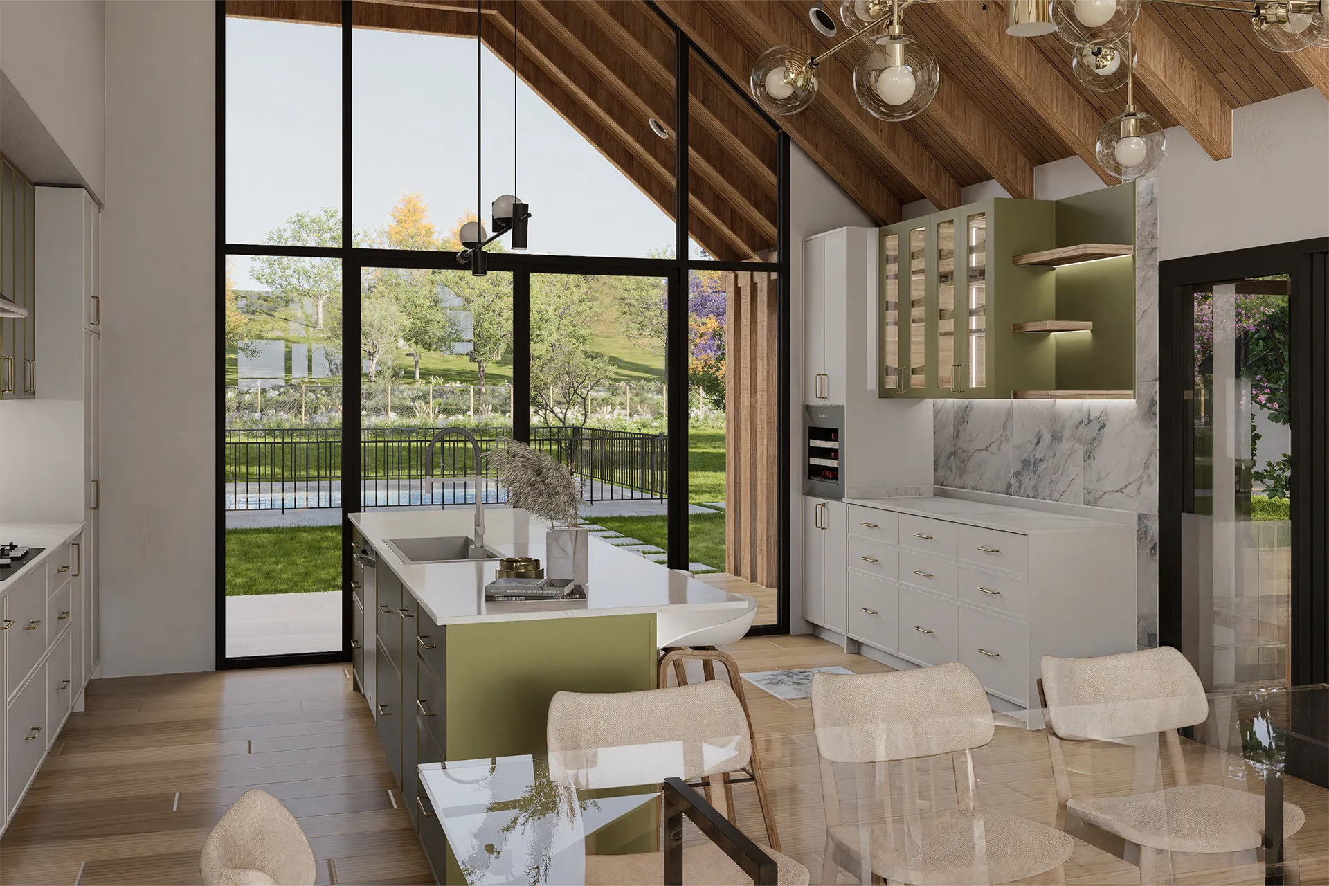 Cocina abierta al comedor con ventanal de piso a cielo, Casa Los Aromos