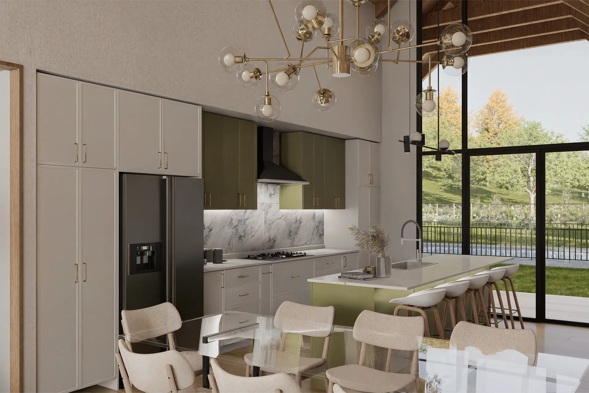 Cocina con isla de mármol y muebles en verde oliva, Casa Los Aromos