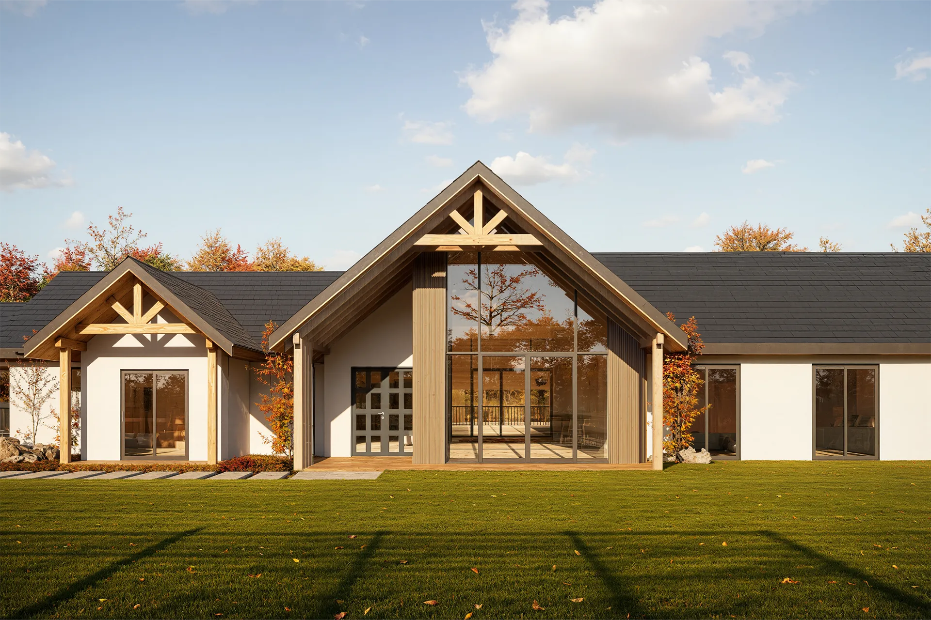 Fachada principal con celosías y estructura de madera, Casa Los Aromos