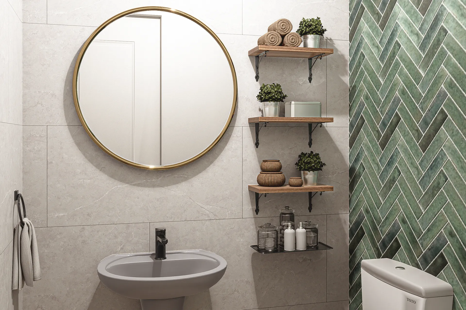 Baño con muro de palmeta verde en espiga y espejo redondo dorado, Casa Monseñor Eyzaguirre