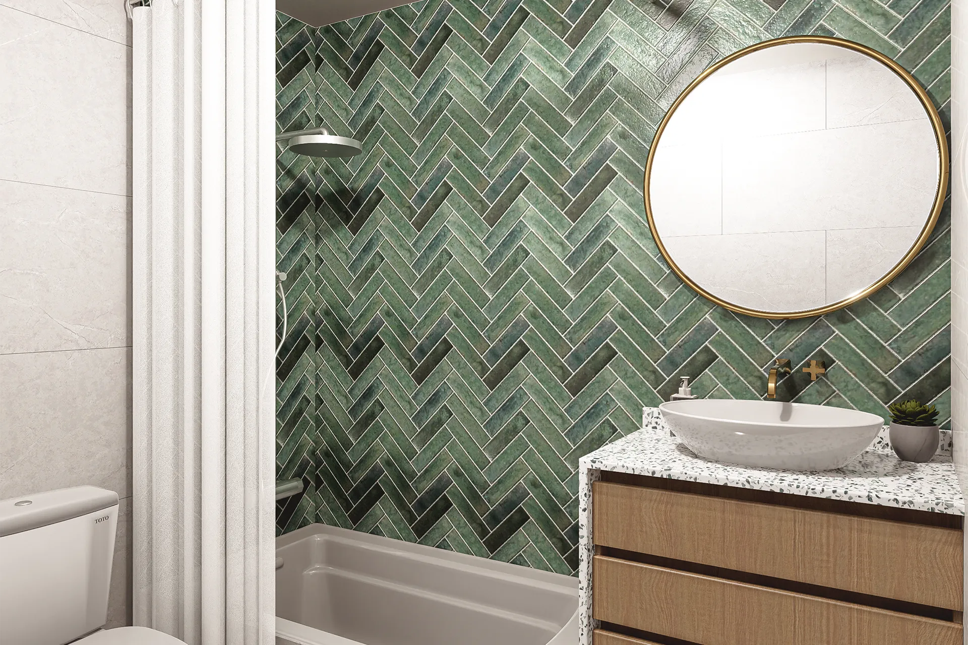 Baño con tina, lavamanos sobrepuesto y muro de palmeta verde, Casa Monseñor Eyzaguirre