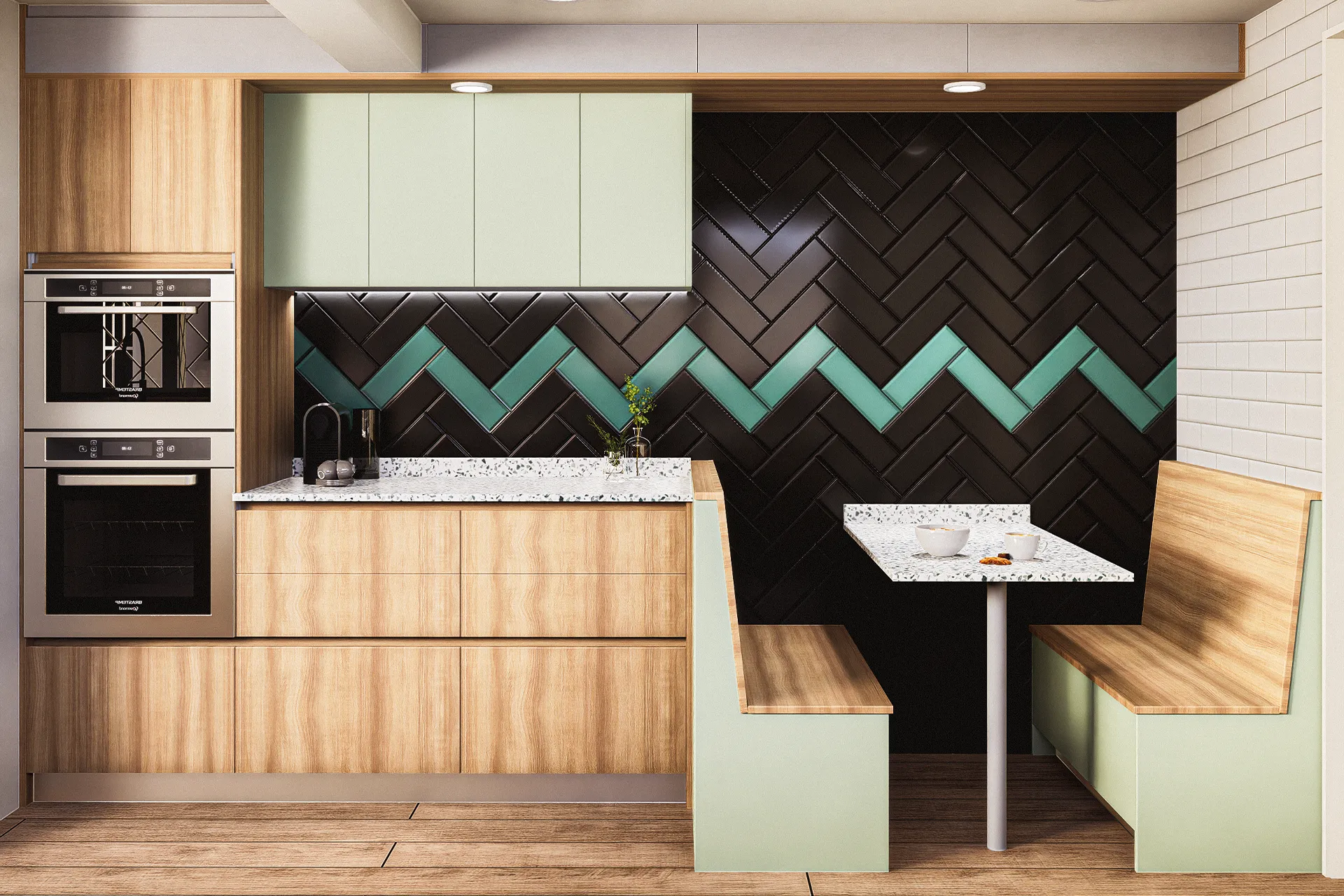 Cocina con muebles verde menta y muro de palmeta negra en espiga, Casa Monseñor Eyzaguirre