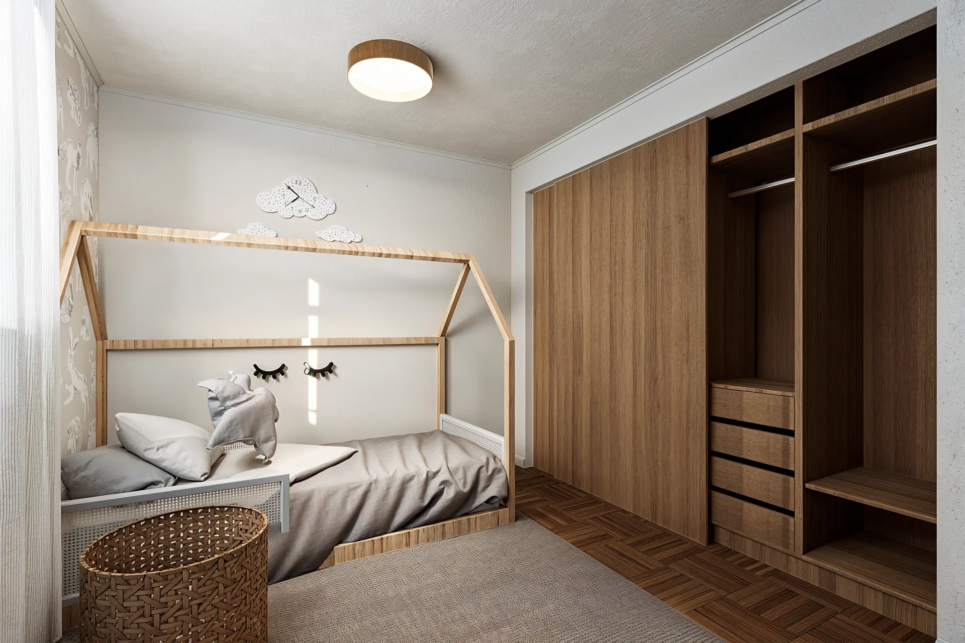 Dormitorio infantil con cama tipo casita y closet de madera, Casa Monseñor Eyzaguirre