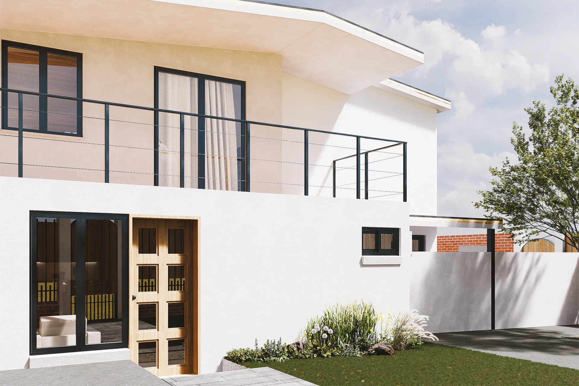 Fachada de acceso con puerta de madera y balcón metálico, Casa San Pedro