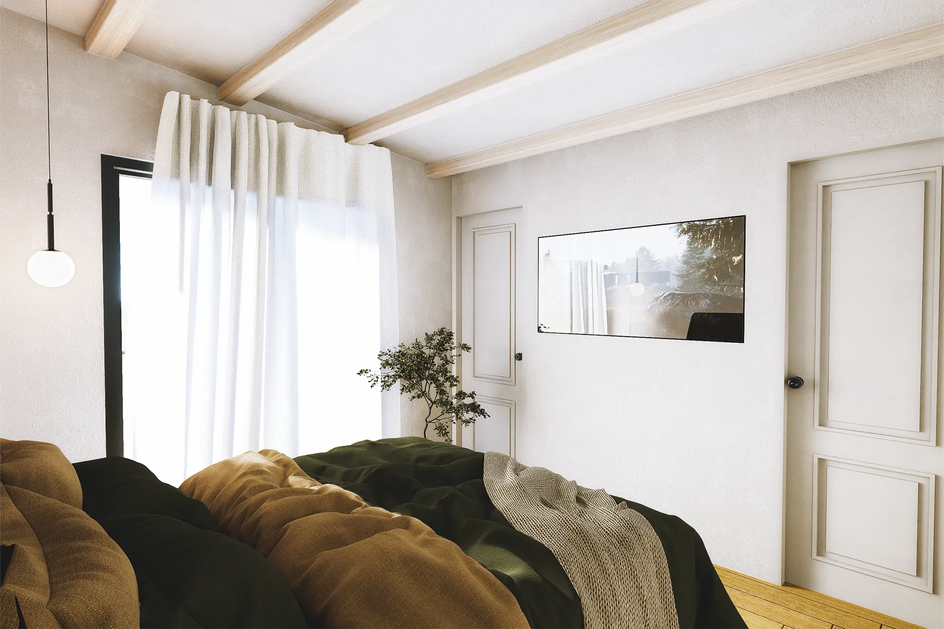 Dormitorio principal con ventanal y cortinas, Casa San Pedro
