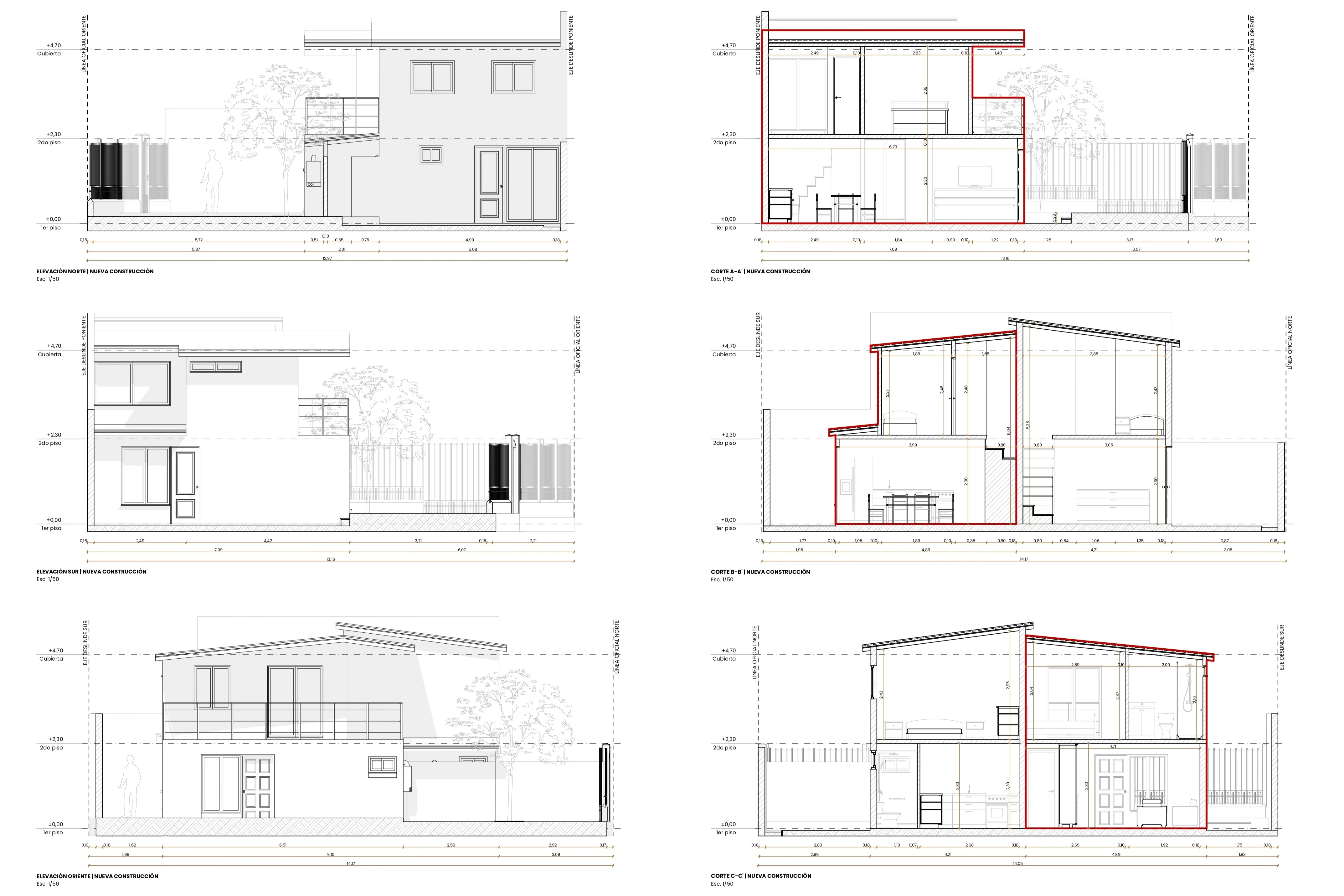 Plano de elevaciones y cortes del proyecto, Casa San Pedro