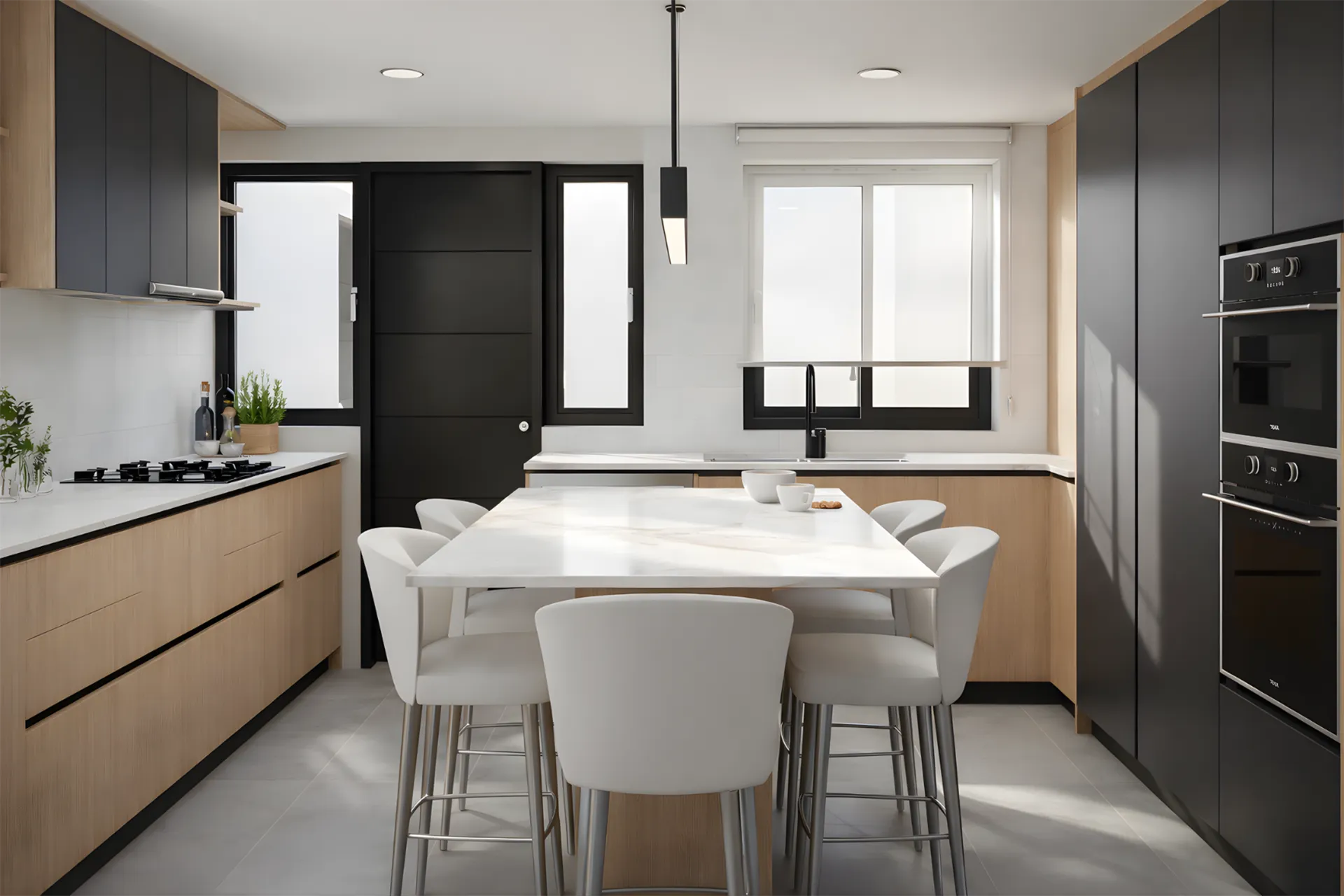 Cocina con isla desayunador, muebles de madera y torre negra, Casa Tobalaba