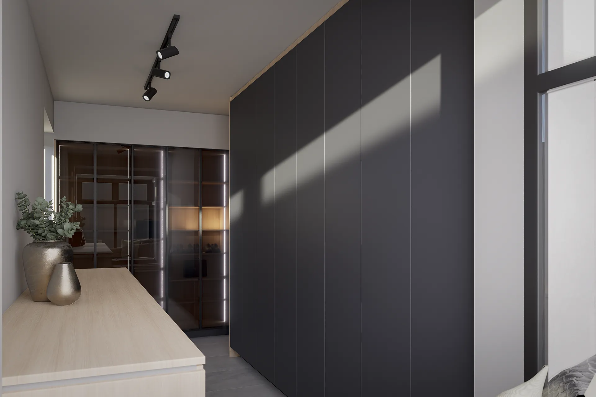 Mueble negro de piso a cielo en el pasillo hacia la cocina, Casa Tobalaba