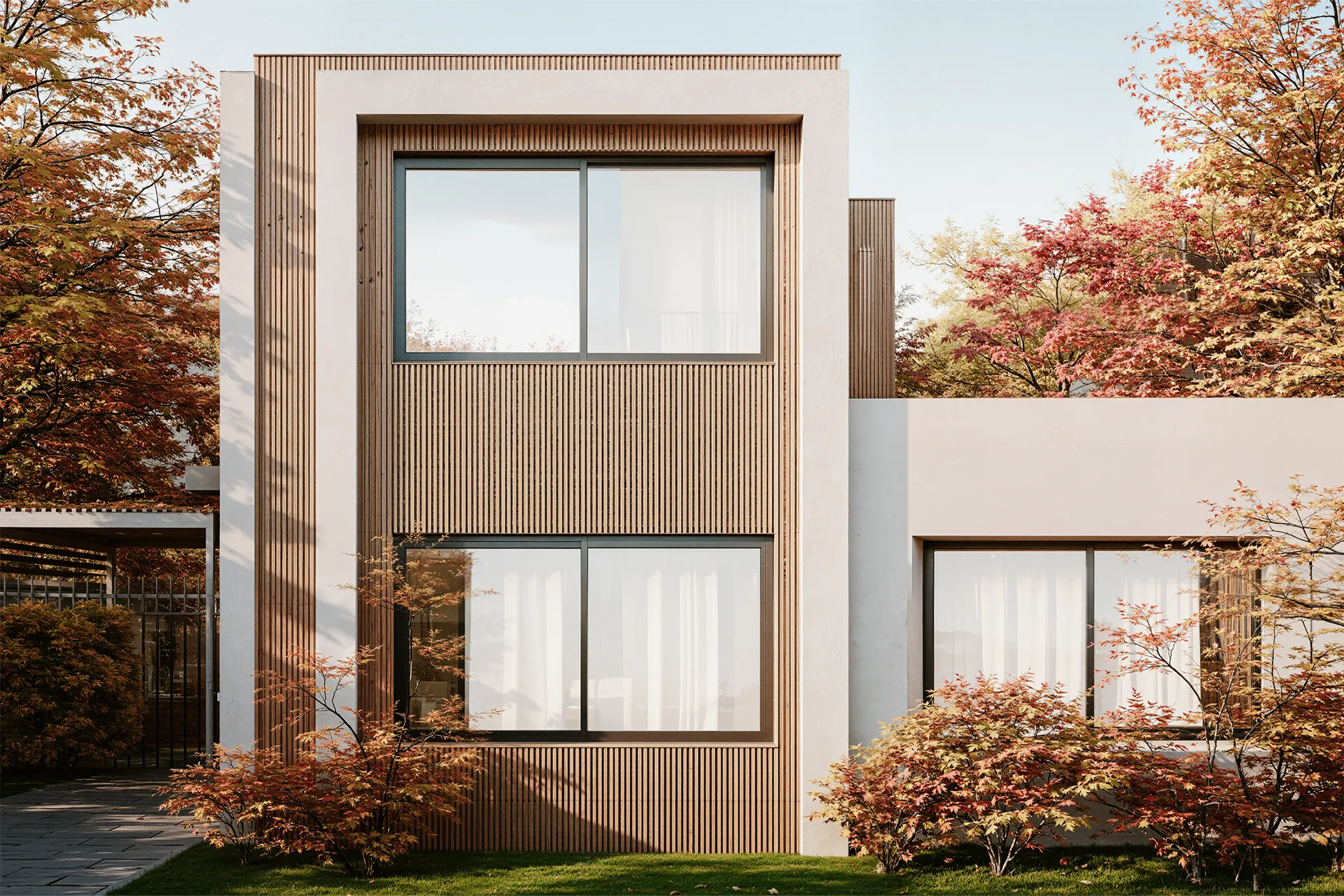 Fachada lateral con ventanal vertical, Casa Trieste