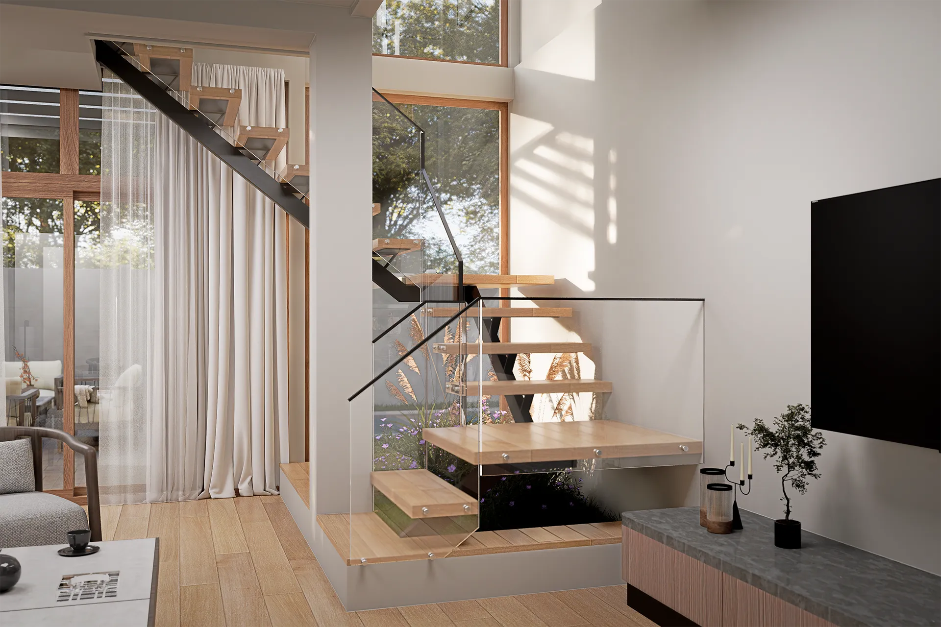 Escalera flotante de madera con baranda de vidrio, Casa Valle Hermoso
