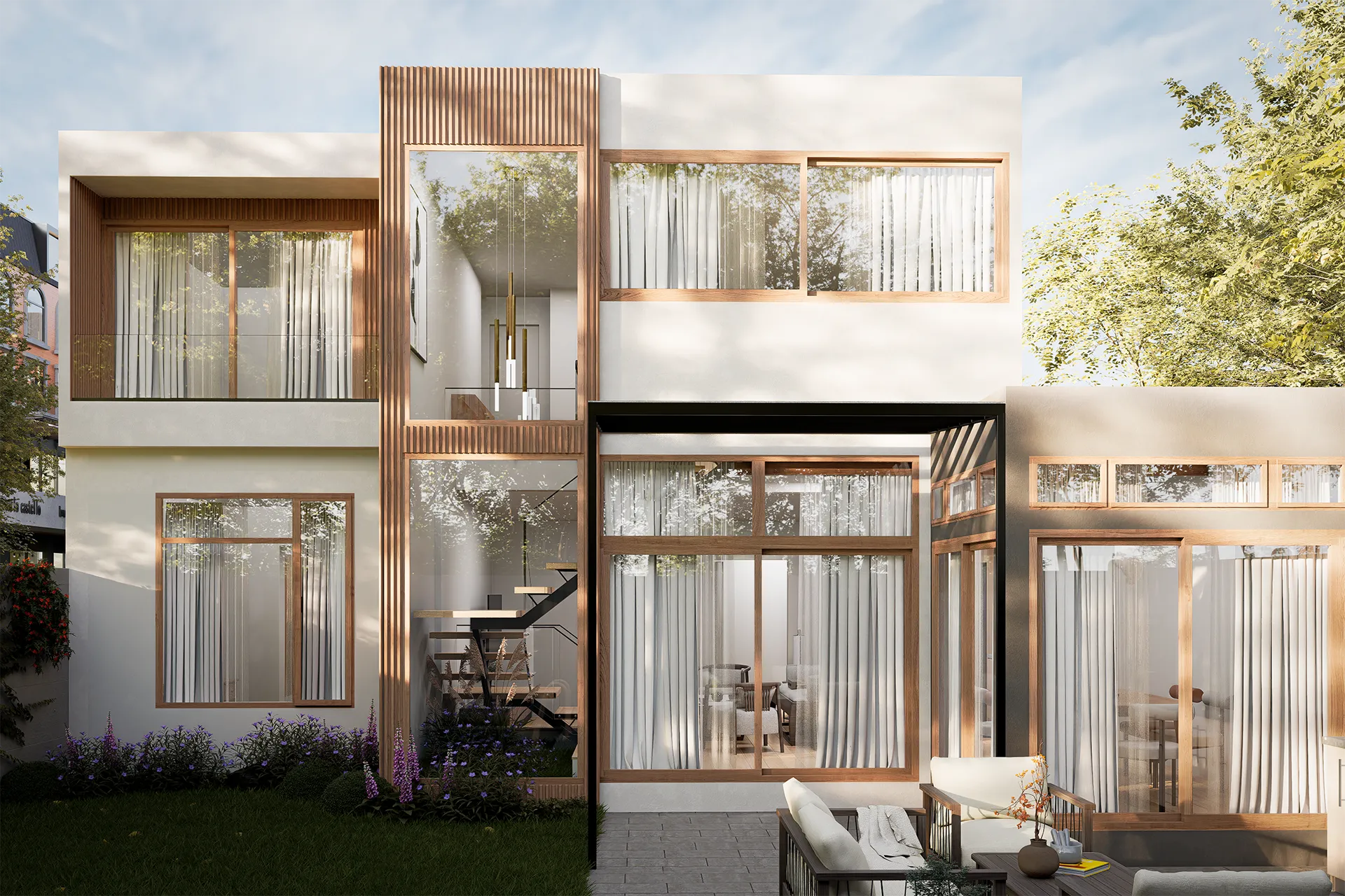 Fachada posterior con ventanales de piso a cielo, Casa Valle Hermoso
