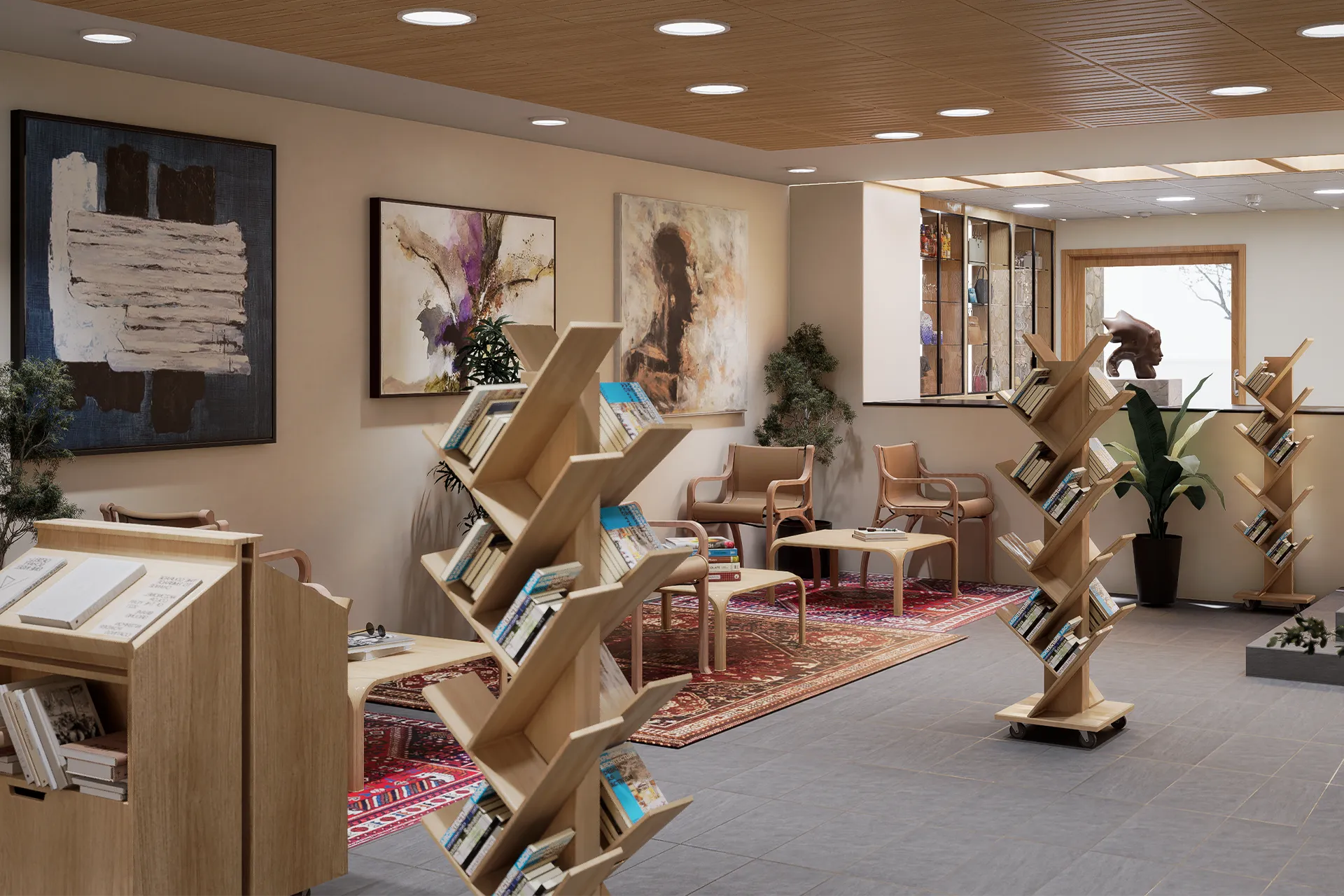 Sala de lectura con libreros tipo árbol, sillones y alfombra persa, Club de Lectores El Mercurio