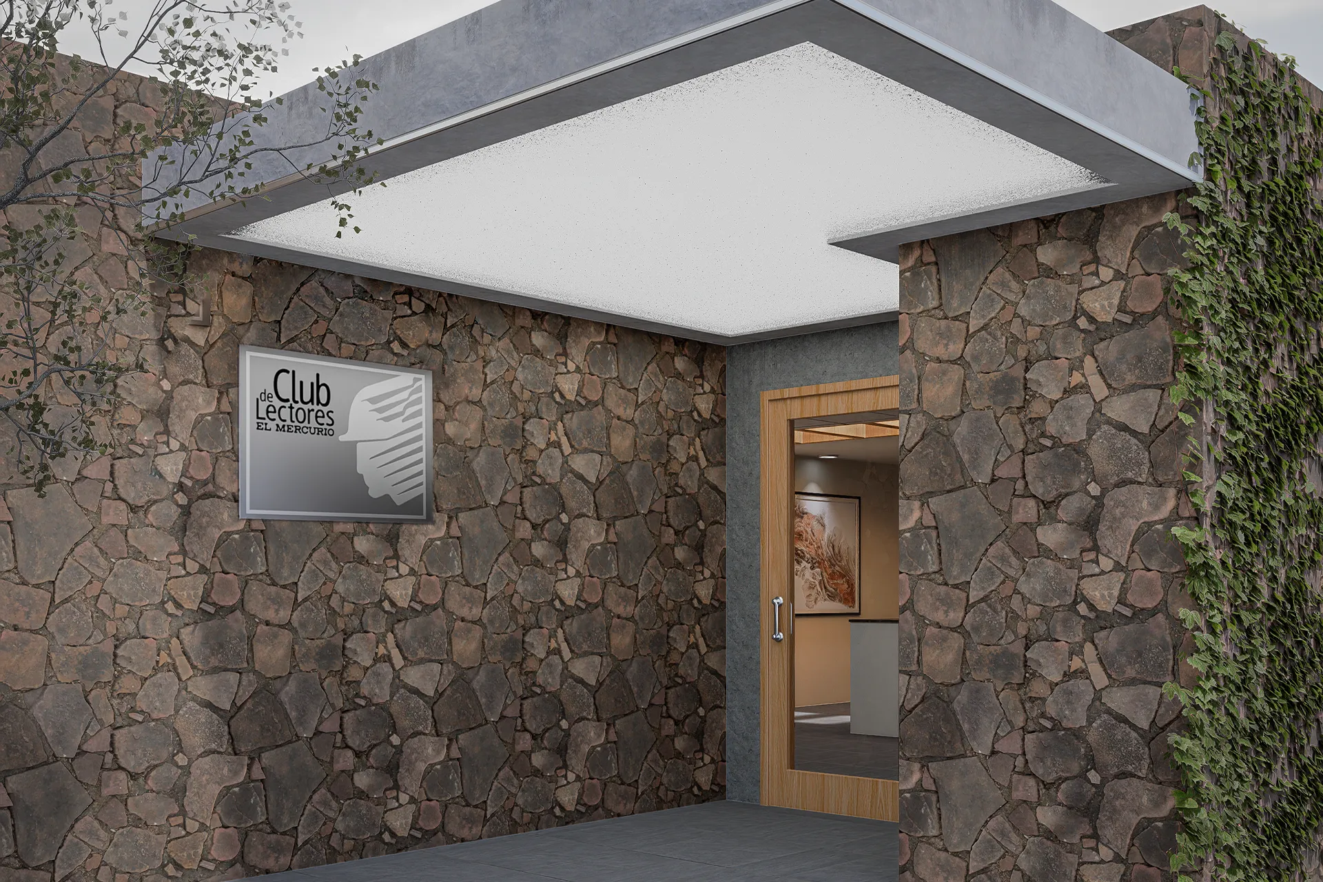 Acceso con muro de piedra y letrero corporativo, Club de Lectores El Mercurio