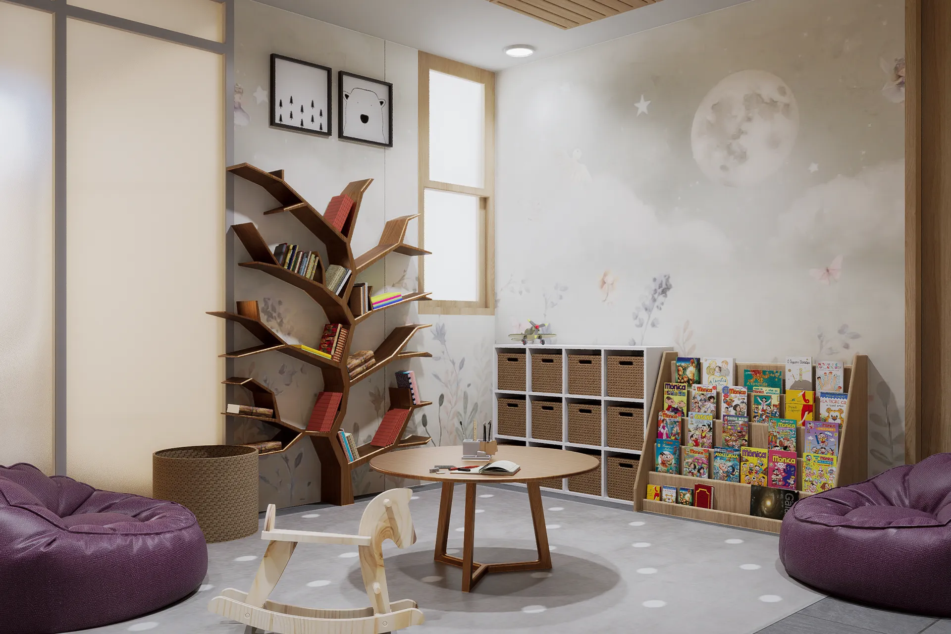 Sala infantil con mural y librero tipo árbol, Club de Lectores El Mercurio