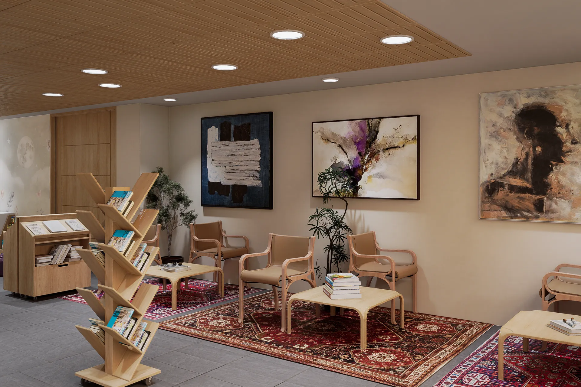 Sala de lectura con sillones, alfombra persa y libreros de madera, Club de Lectores El Mercurio