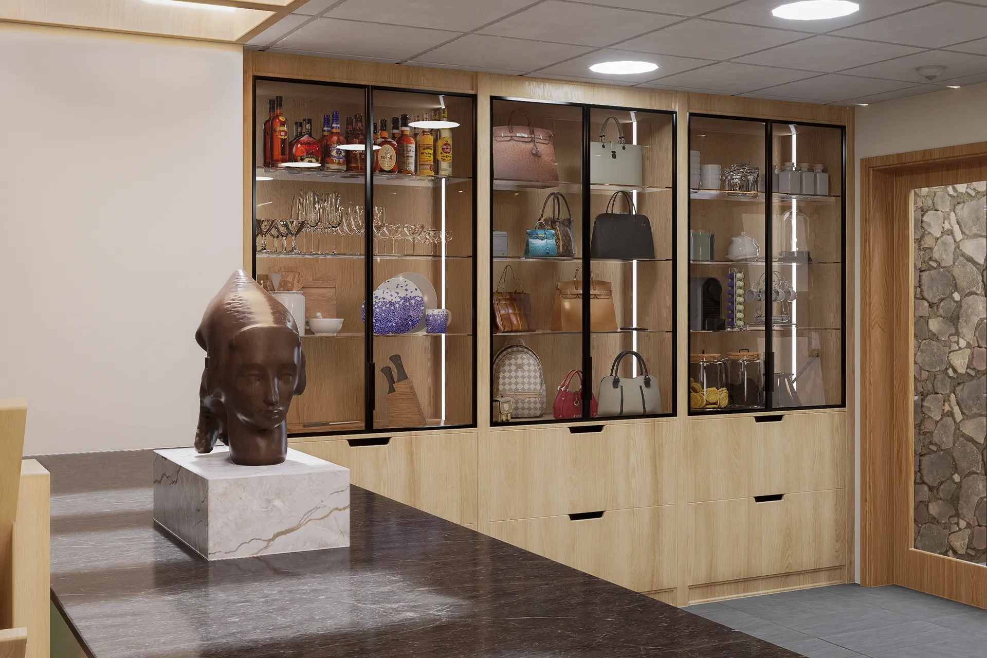 Vitrina de exhibición con escultura y mesón de mármol, Club de Lectores El Mercurio