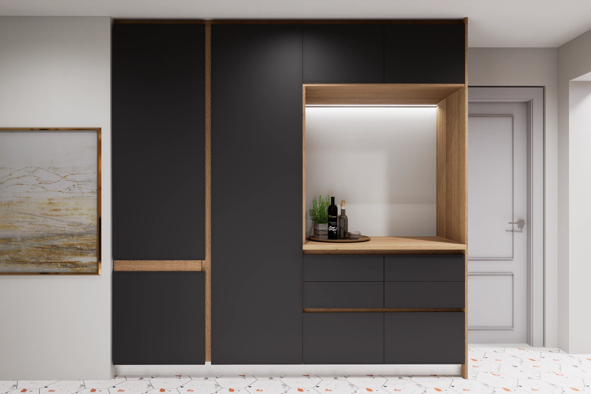Mueble bar con nicho iluminado y encimera de madera, Cocina Alejandro Valdés