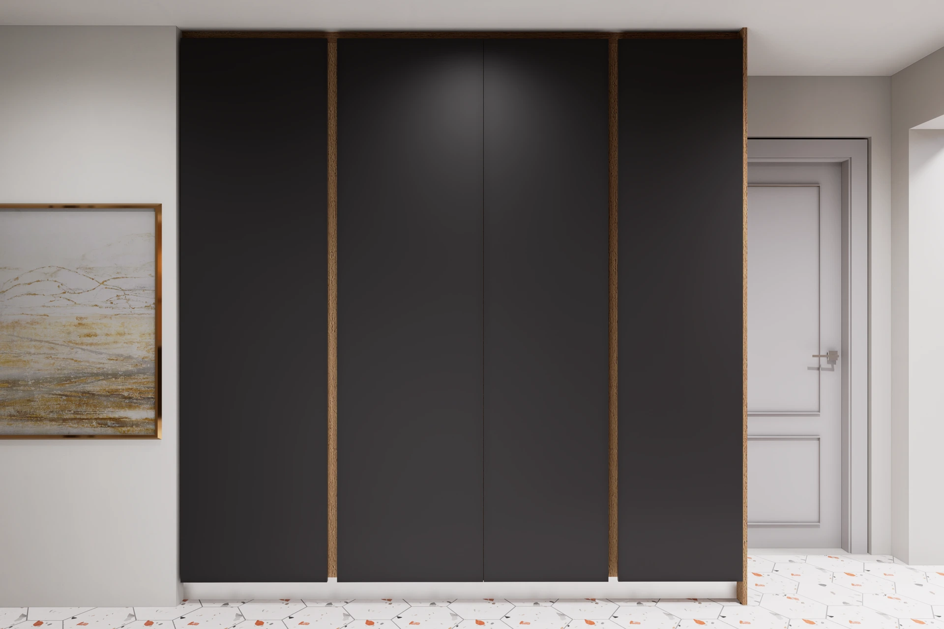 Mueble empotrado negro con marco dorado en el recibidor, Cocina Alejandro Valdés