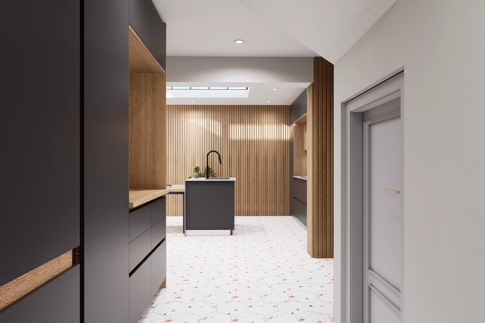Pasillo de acceso a la cocina con mueble negro de piso a cielo, Cocina Alejandro Valdés