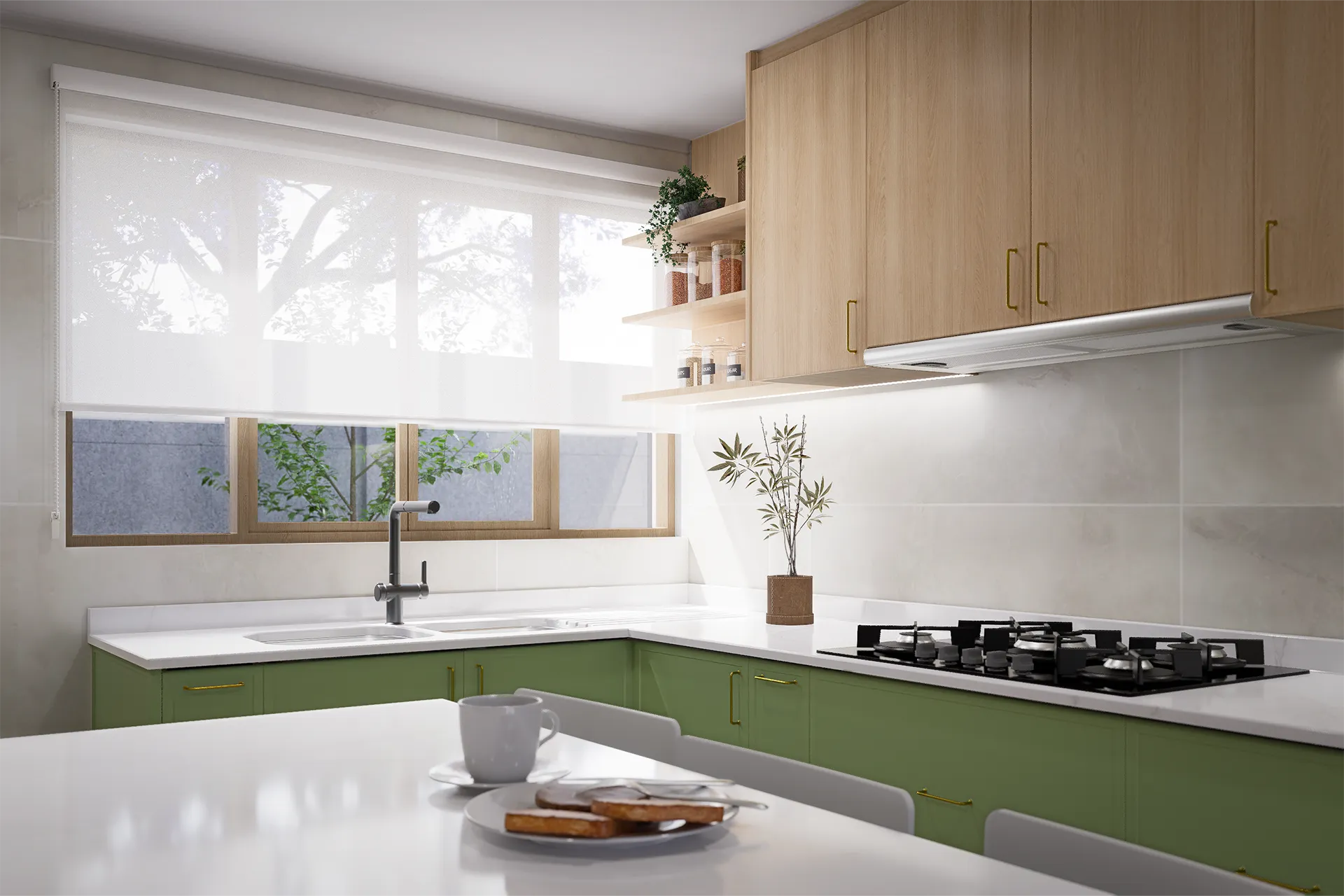 Cocina en L con muebles verde oliva y madera clara, Cocina Calera de Tango