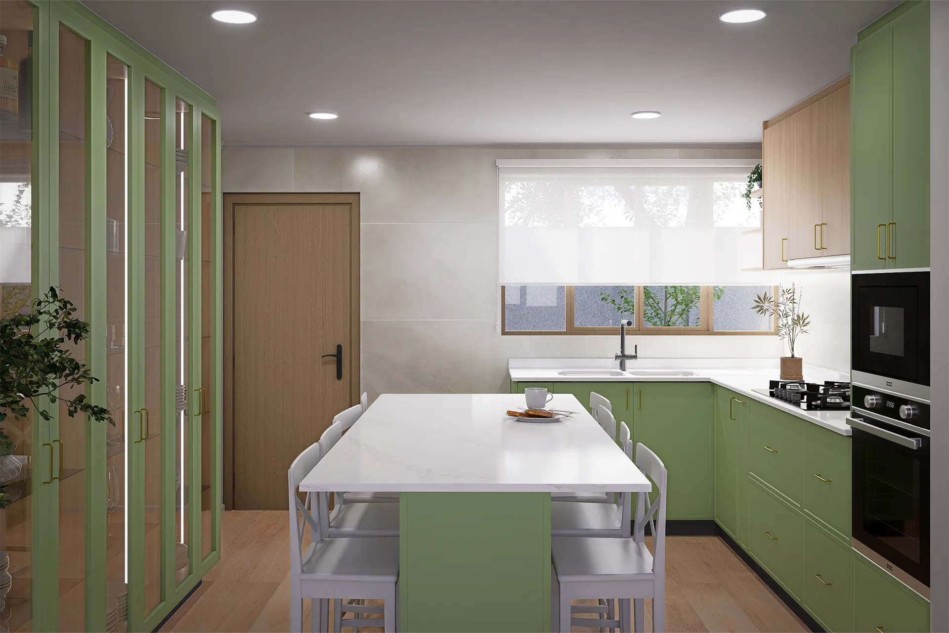 Isla central con taburetes y vitrina verde de piso a cielo, Cocina Calera de Tango