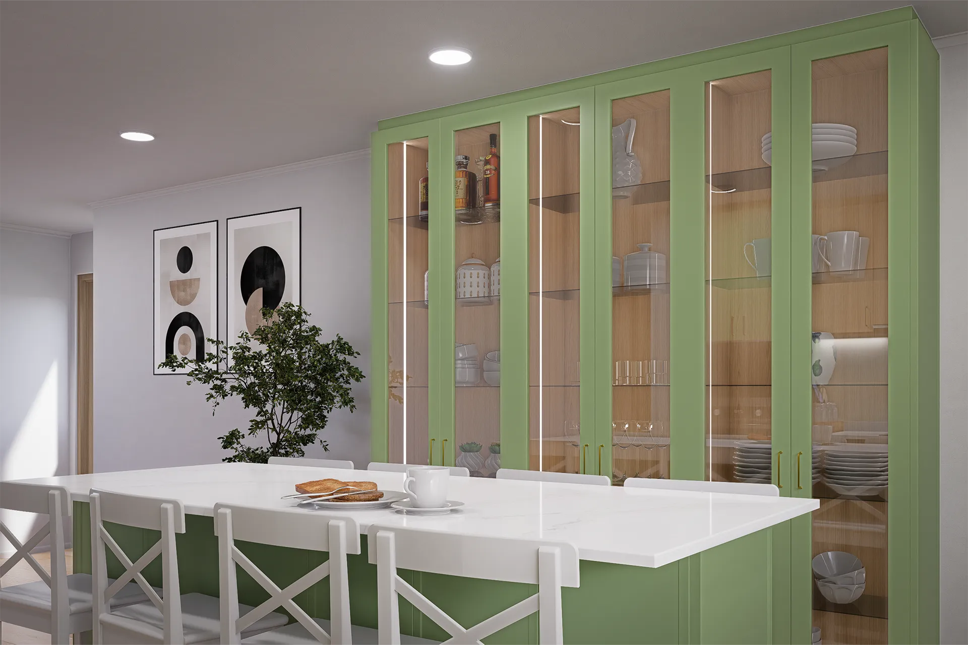 Vitrina verde de piso a cielo junto al desayunador, Cocina Calera de Tango