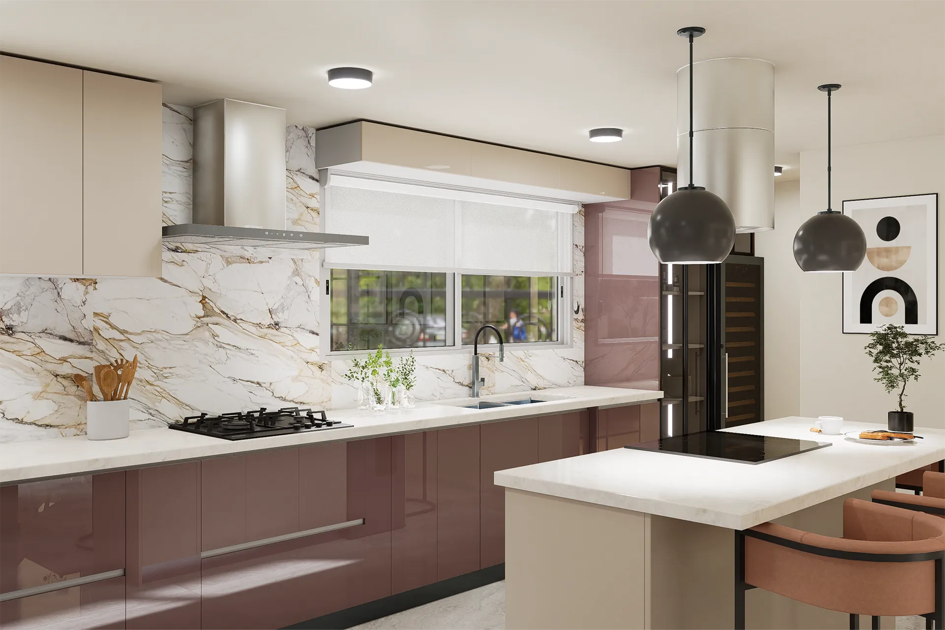 Cocina lineal junto a la ventana con campana y encimera de mármol, Cocina El Rodeo