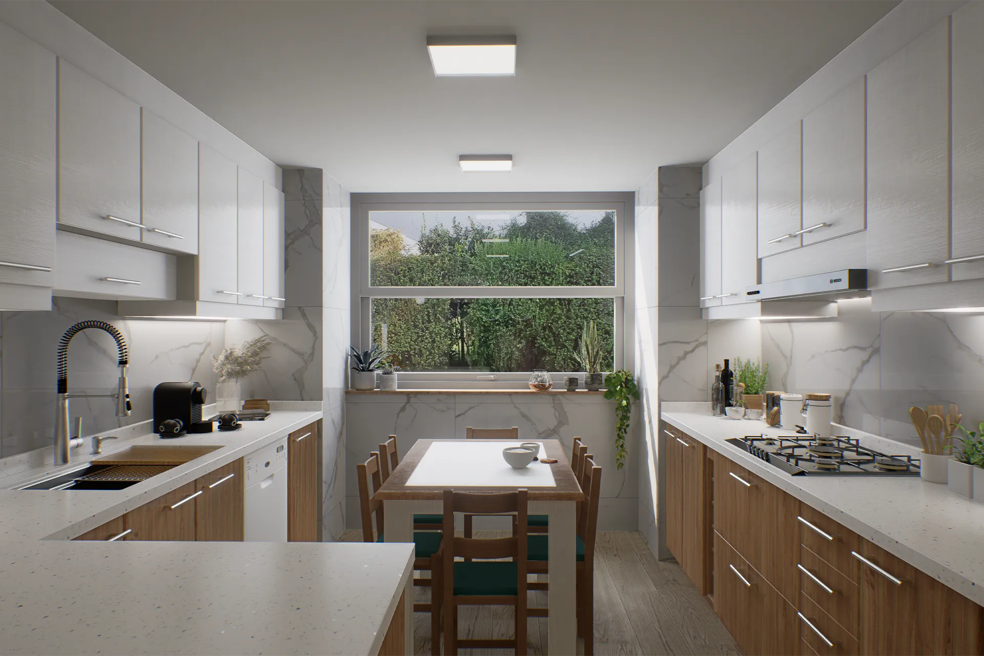 Cocina blanca con mesa de comedor integrada y ventana panorámica, Cocina La Quebrada